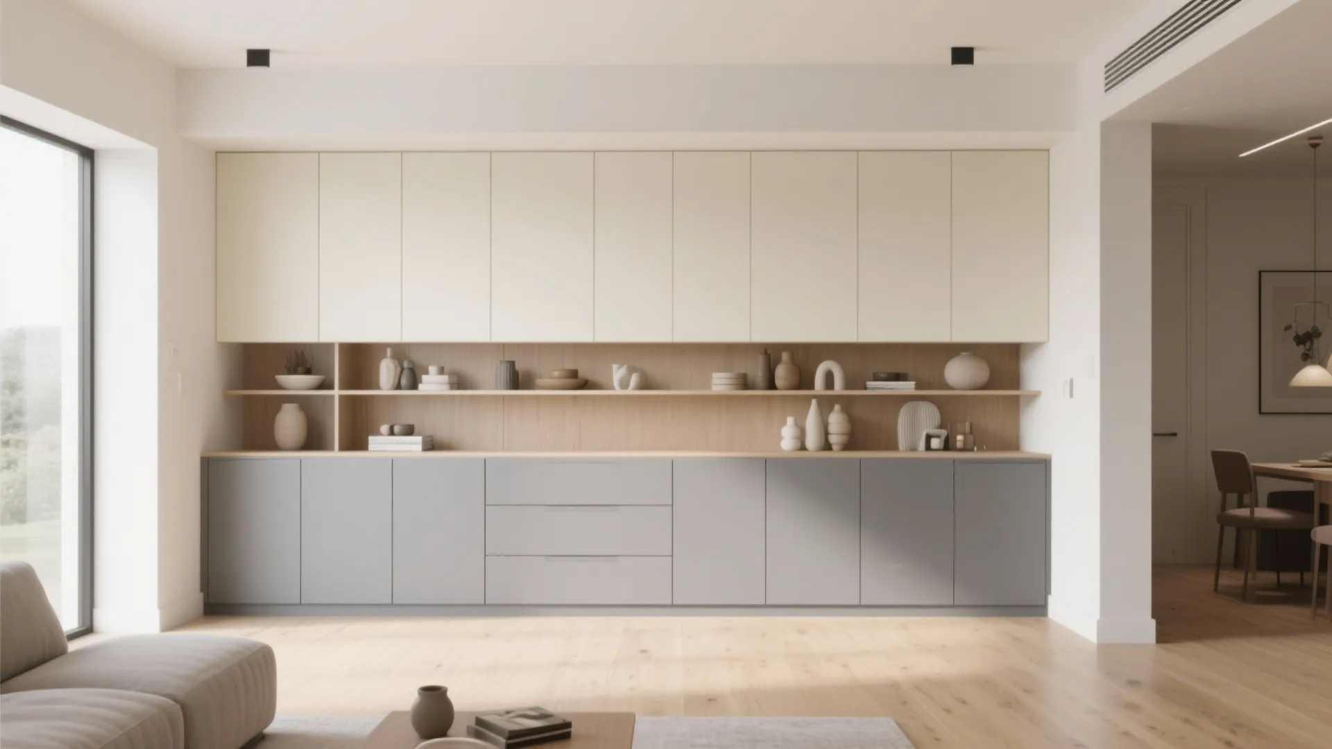 4. Two-Tone Joinery: Cream Cabinets + Grey Base