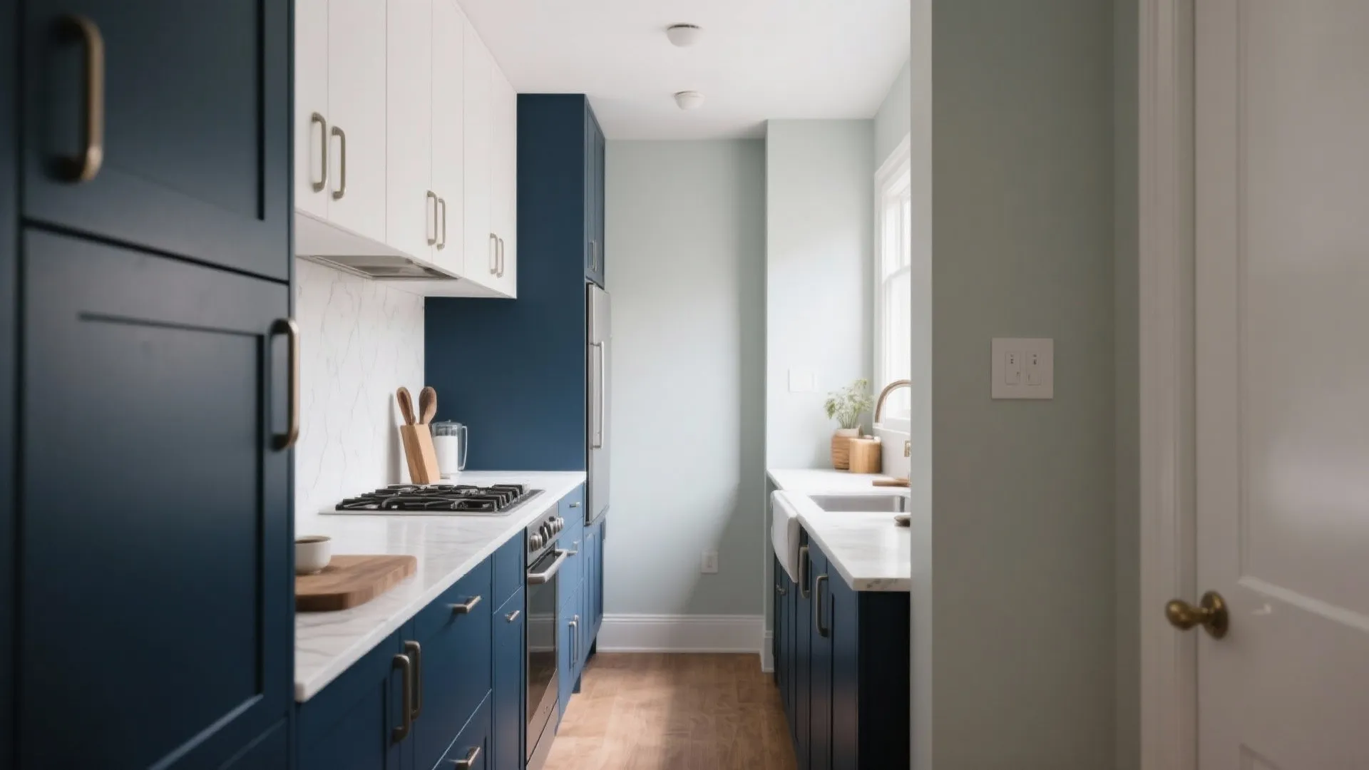 Narrow kitchen with navy blue lower cabinets white upper cabinets wooden floor and white marble countertops