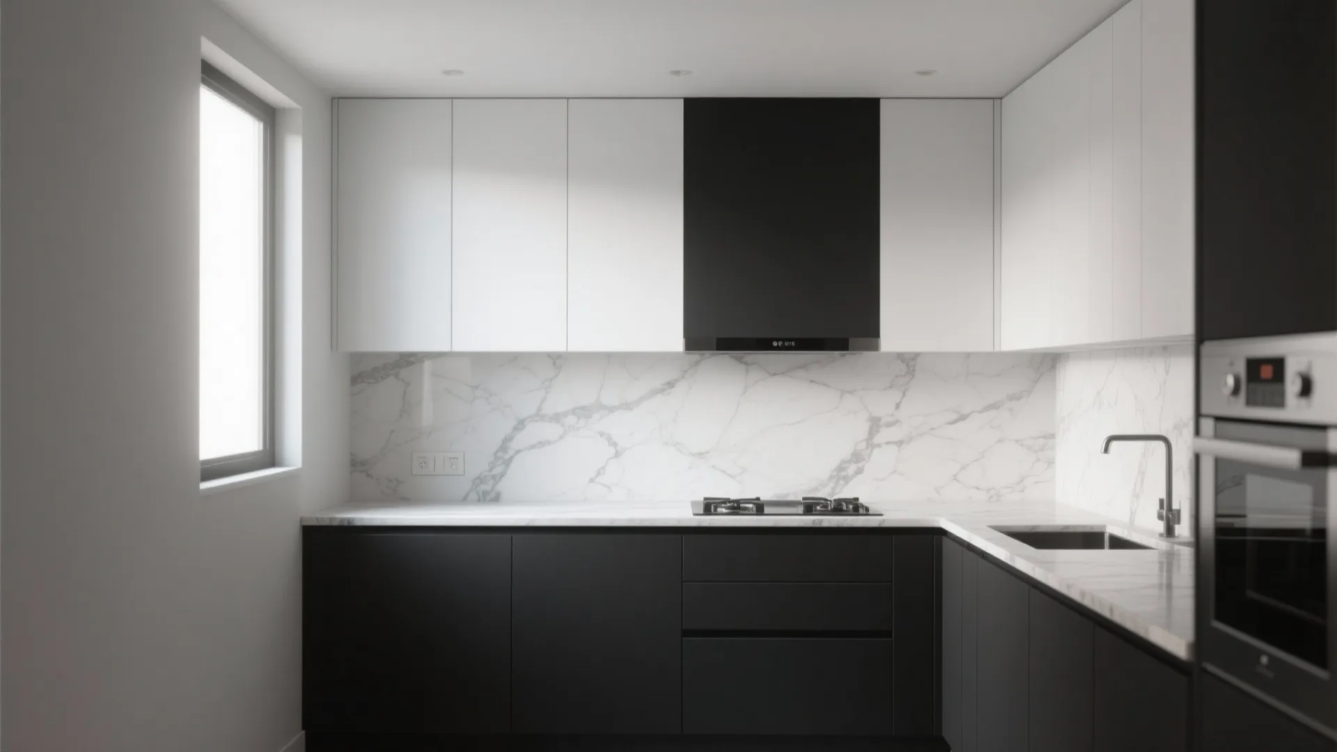 Small kitchen with black lower and white upper cabinets