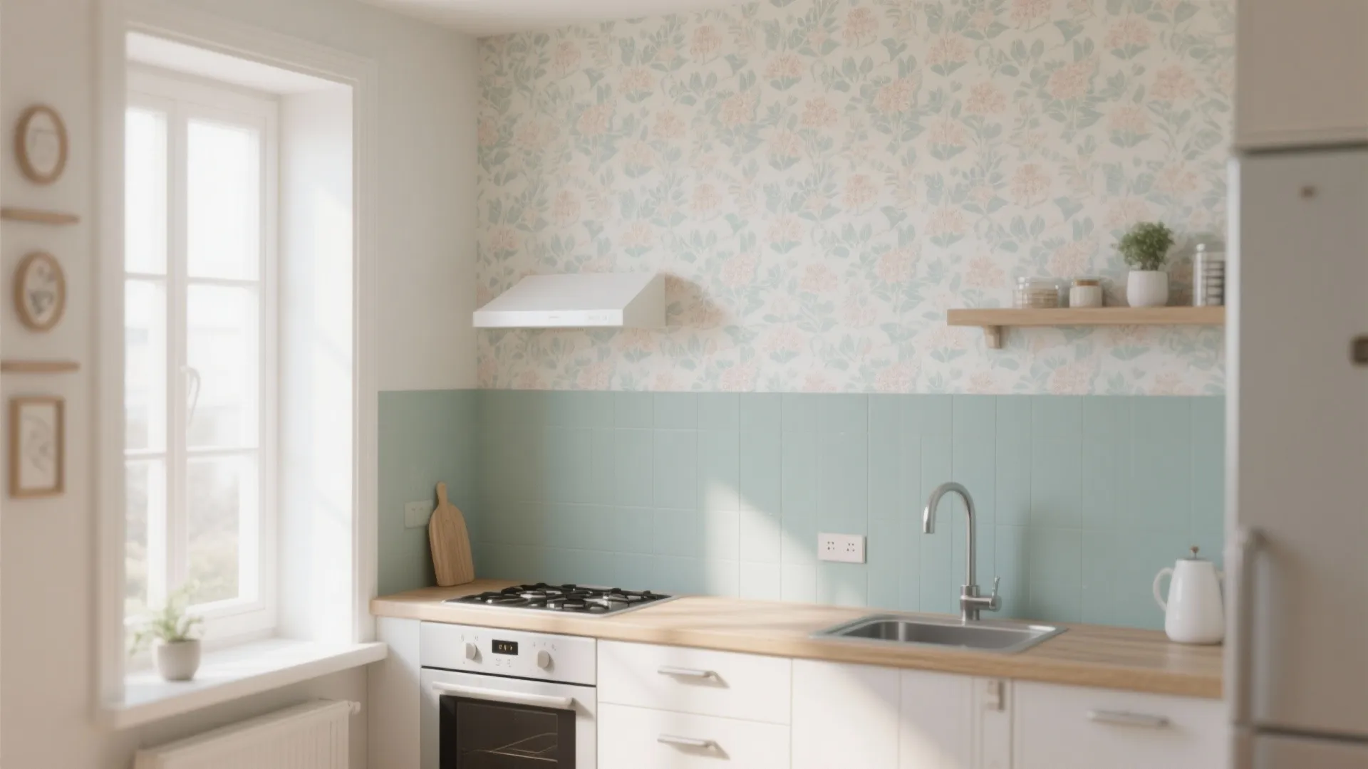 Bright kitchen featuring light blue wall tiles floral wallpaper white cabinets wooden countertop and natural light
