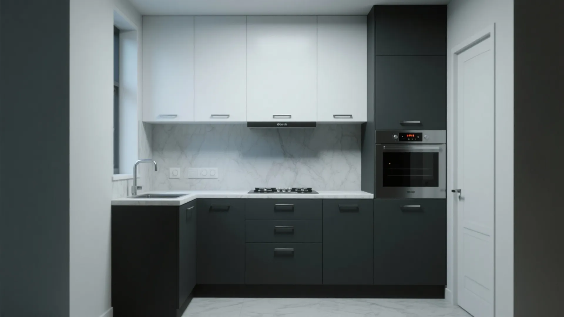 Modern kitchen with white upper cabinets and dark grey lower cabinets featuring a marble backsplash