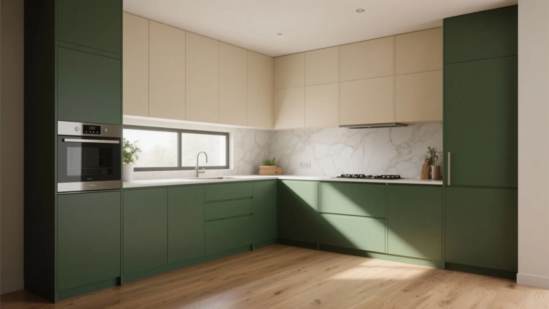 Modern kitchen with green lower cabinets beige upper cabinets marble backsplash wooden floor and black oven