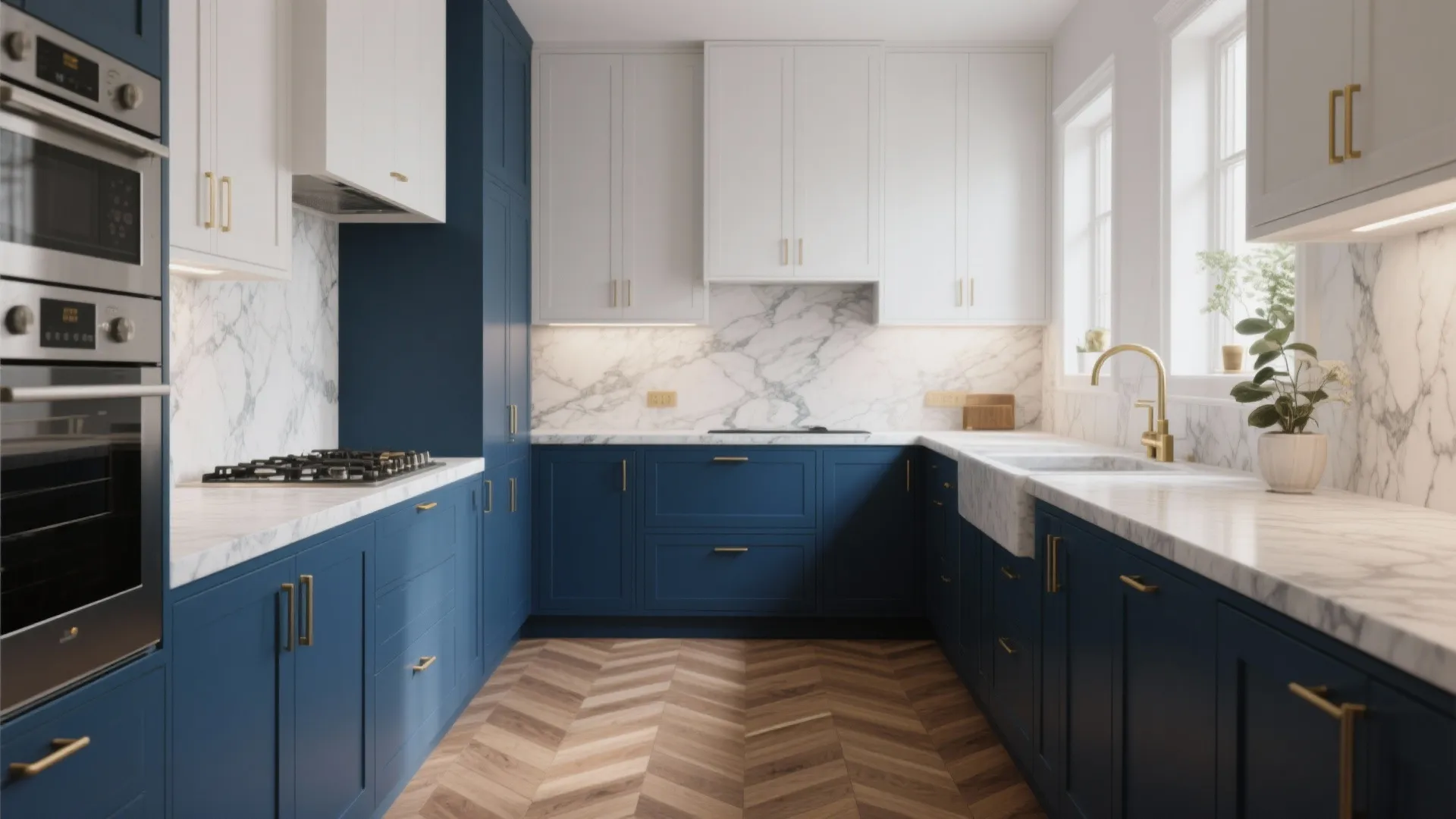 Two tone kitchen with blue lower cabinets white upper cabinets marble wall and wooden floor pattern