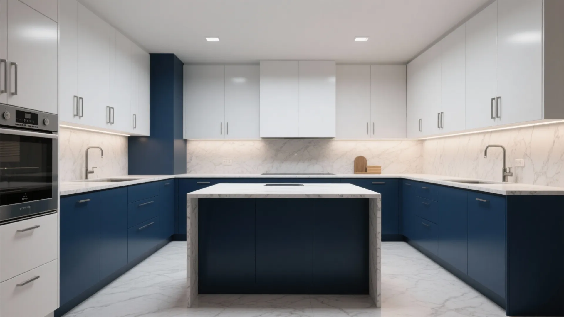 Contemporary kitchen featuring blue bottom cabinets white top cabinets marble backsplash and a central kitchen island