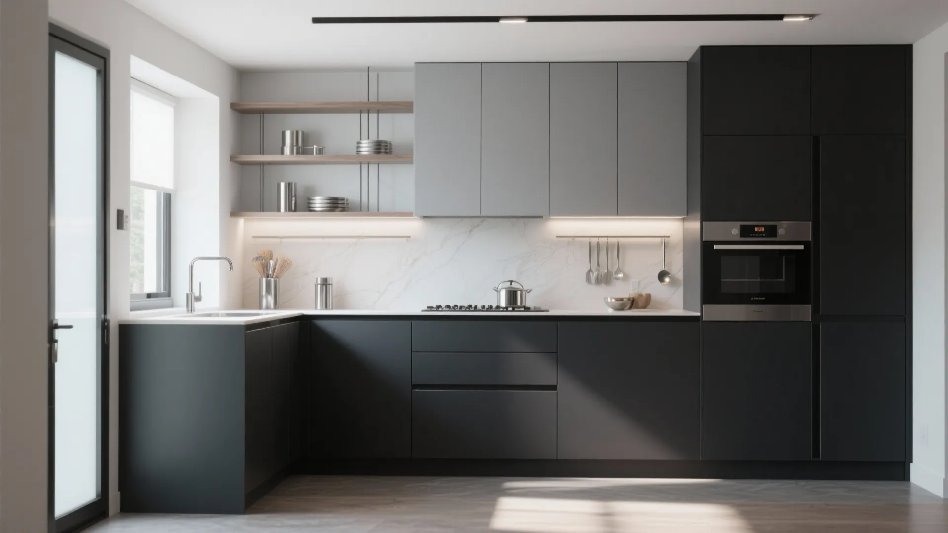 Modern two tone kitchen with dark grey lower cabinets light grey upper cabinets and marble