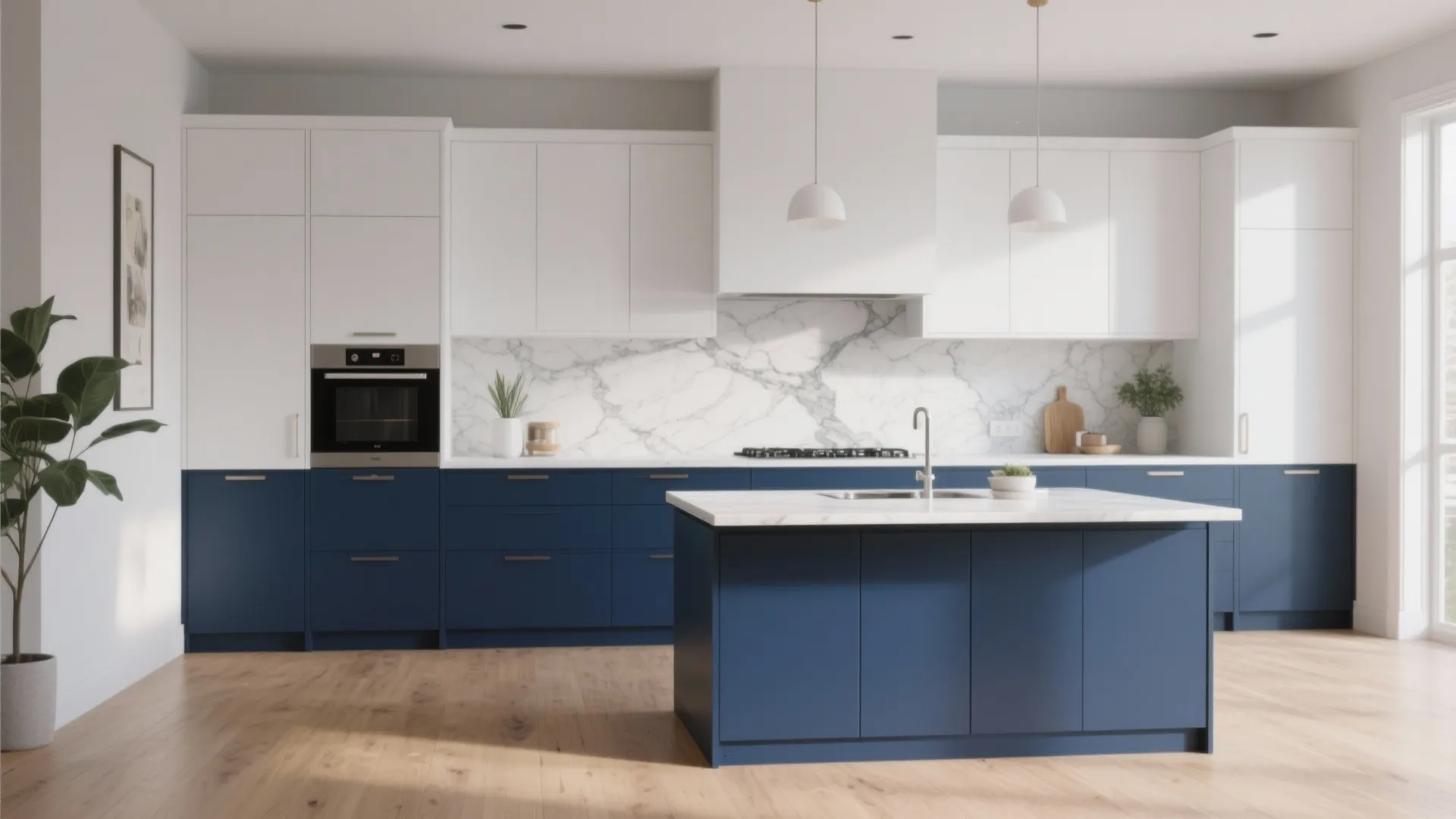 Modern two tone kitchen with blue and white cabinets marble backsplash island and hanging lights