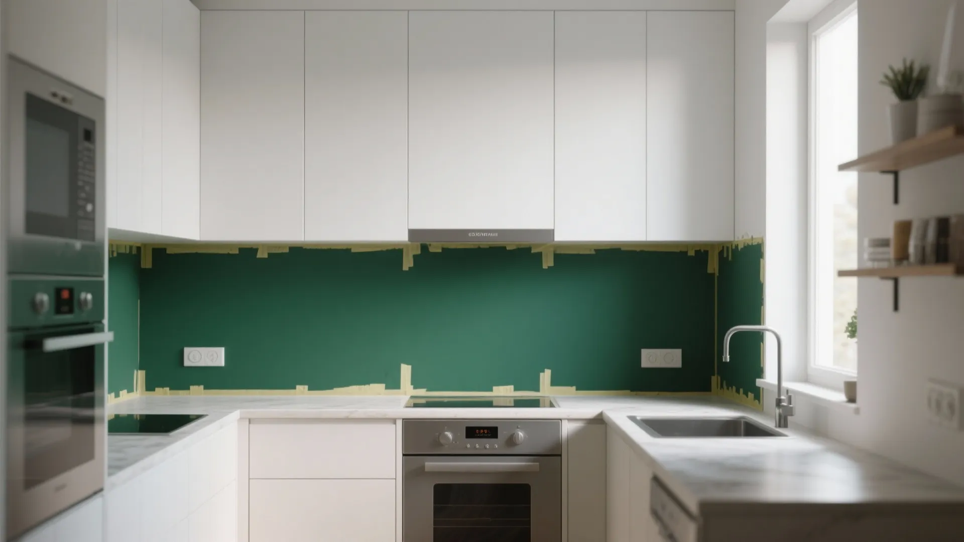 Modern white kitchen cabinets with a dark green wall section and painters tape for DIY