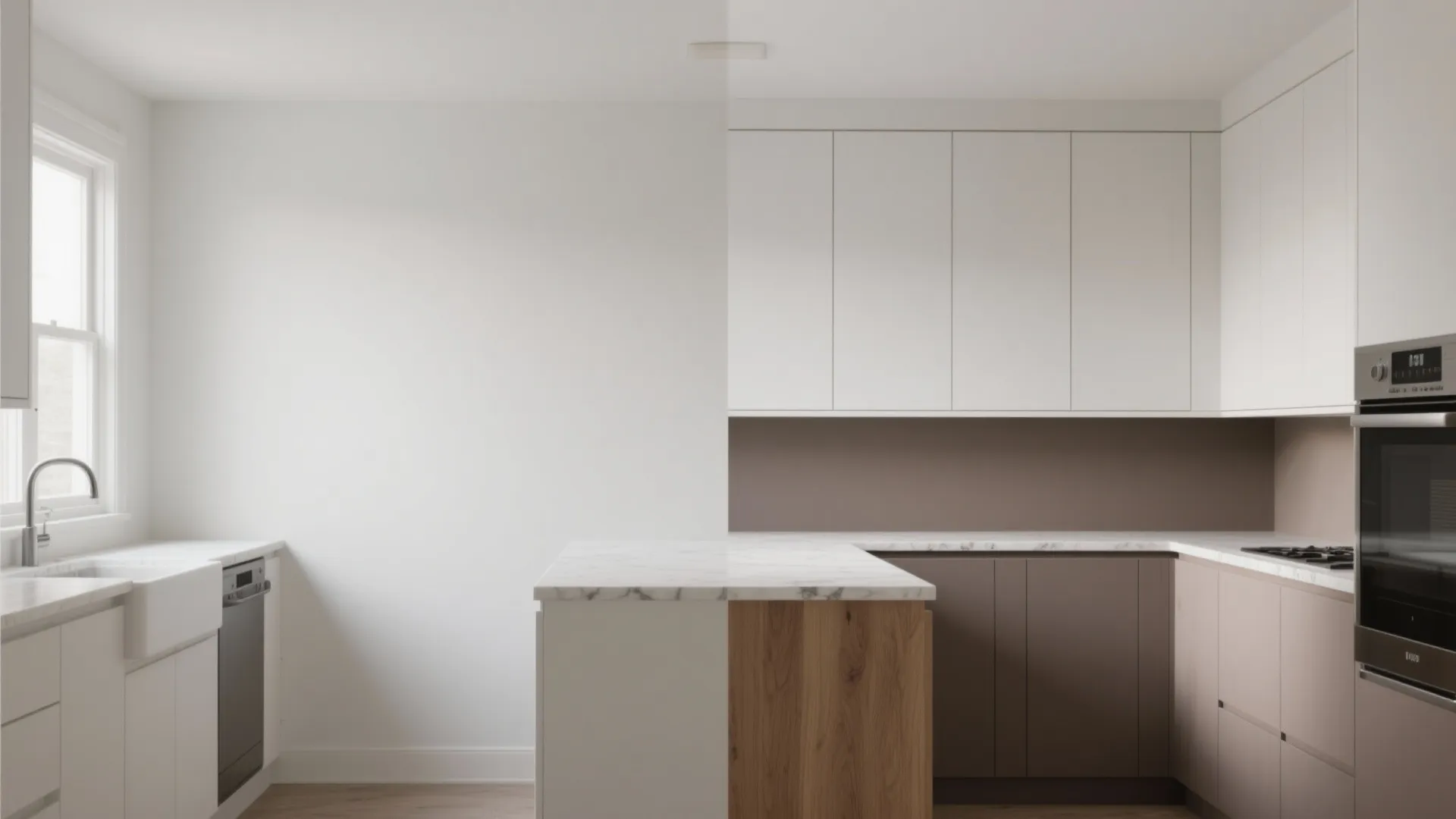 Modern kitchen featuring white upper cabinets grey lower cabinets marble countertops and a wooden island