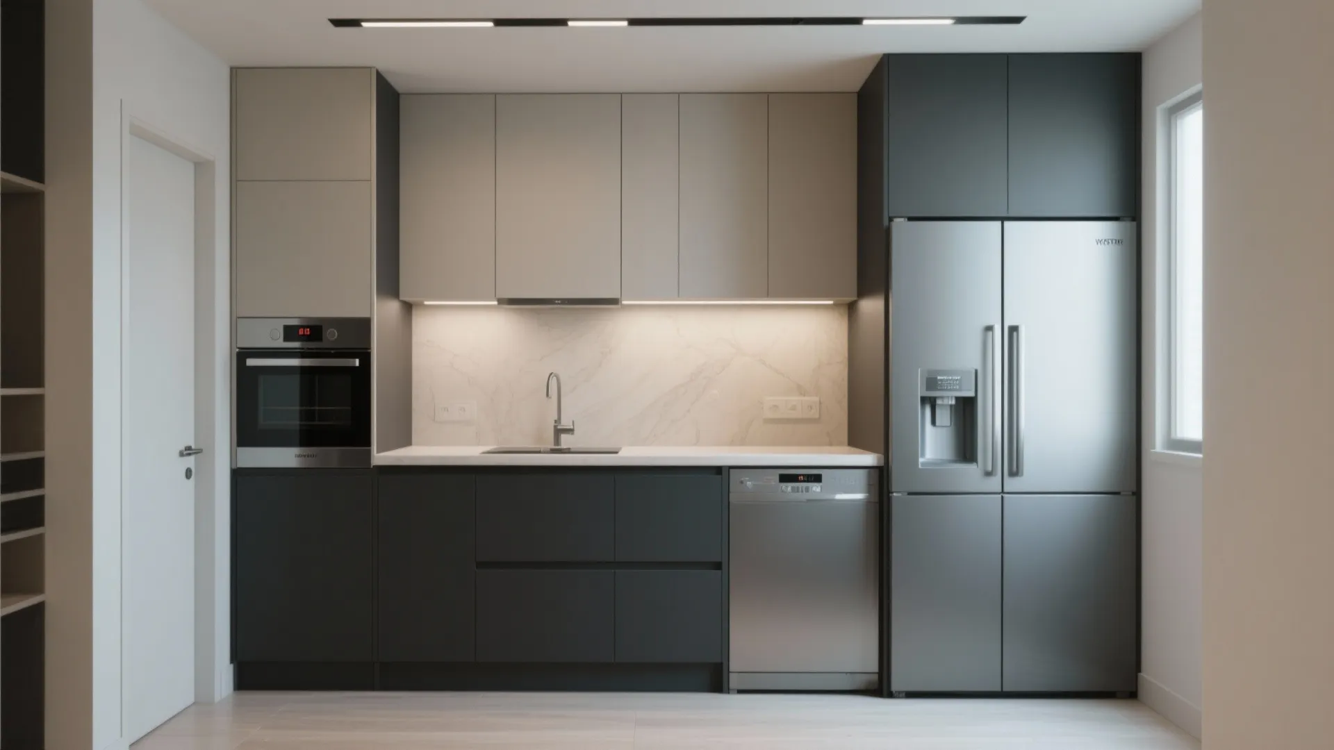 Modern kitchen with grey cabinets beige upper units stainless steel fridge oven and a window