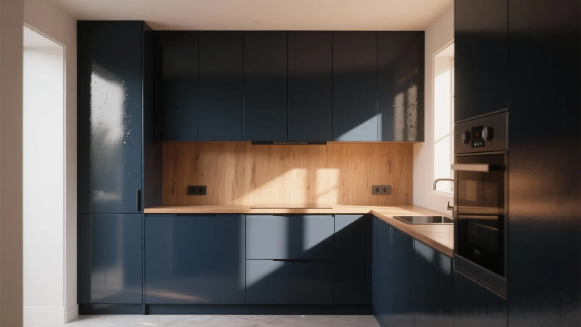 Modern kitchen with navy blue cabinets wooden backsplash wood countertop built in oven and natural sunlight