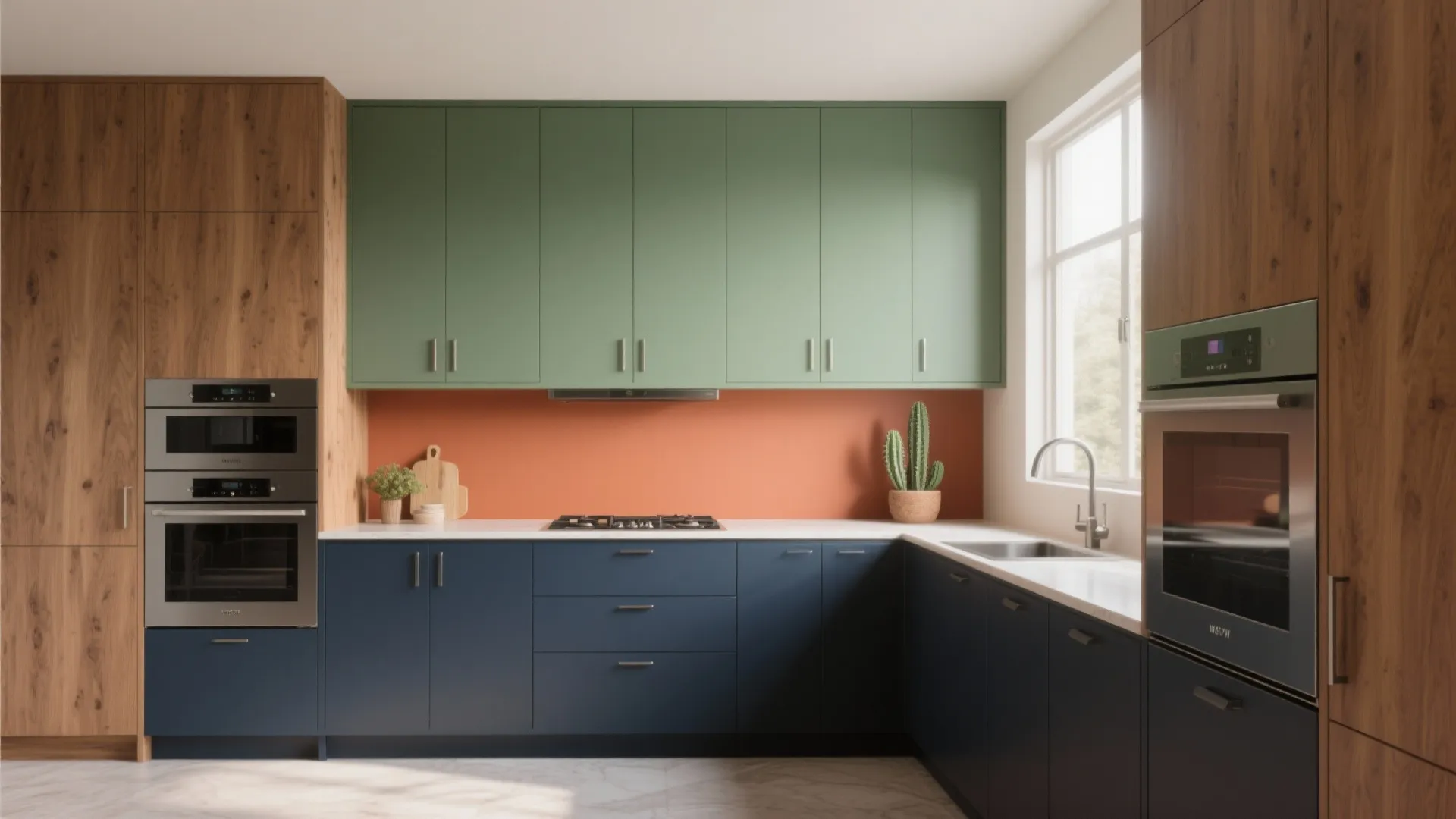 2. Two-tone cabinets: calm base, colorful uppers