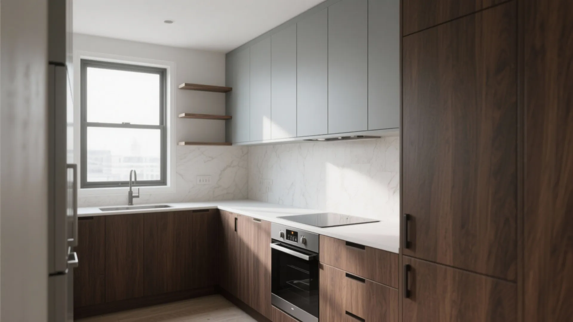 1. Two-tone cabinets: brown base, light uppers