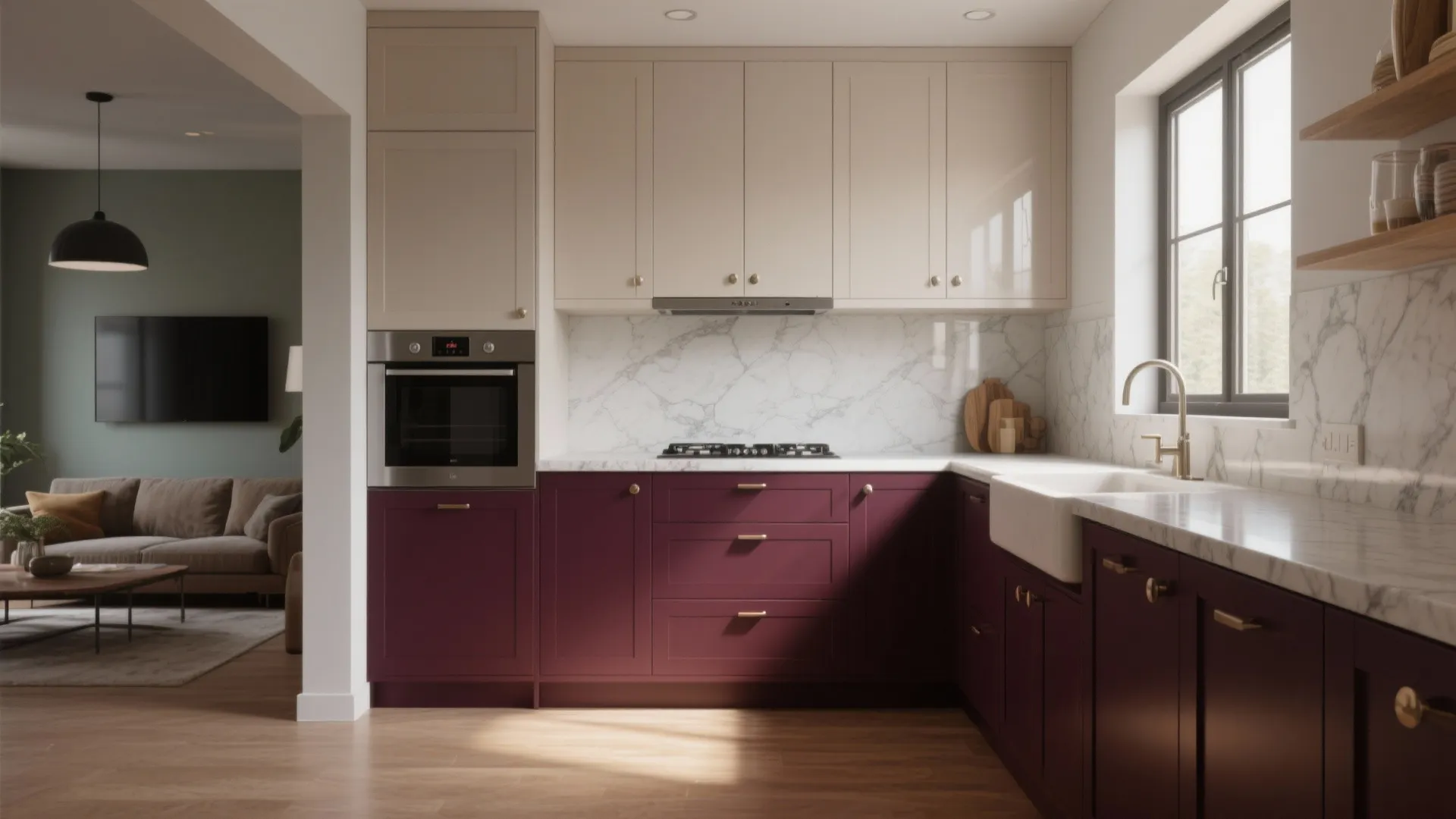 Modern kitchen with purple lower cabinets cream upper cabinets marble backsplash and light wood flooring