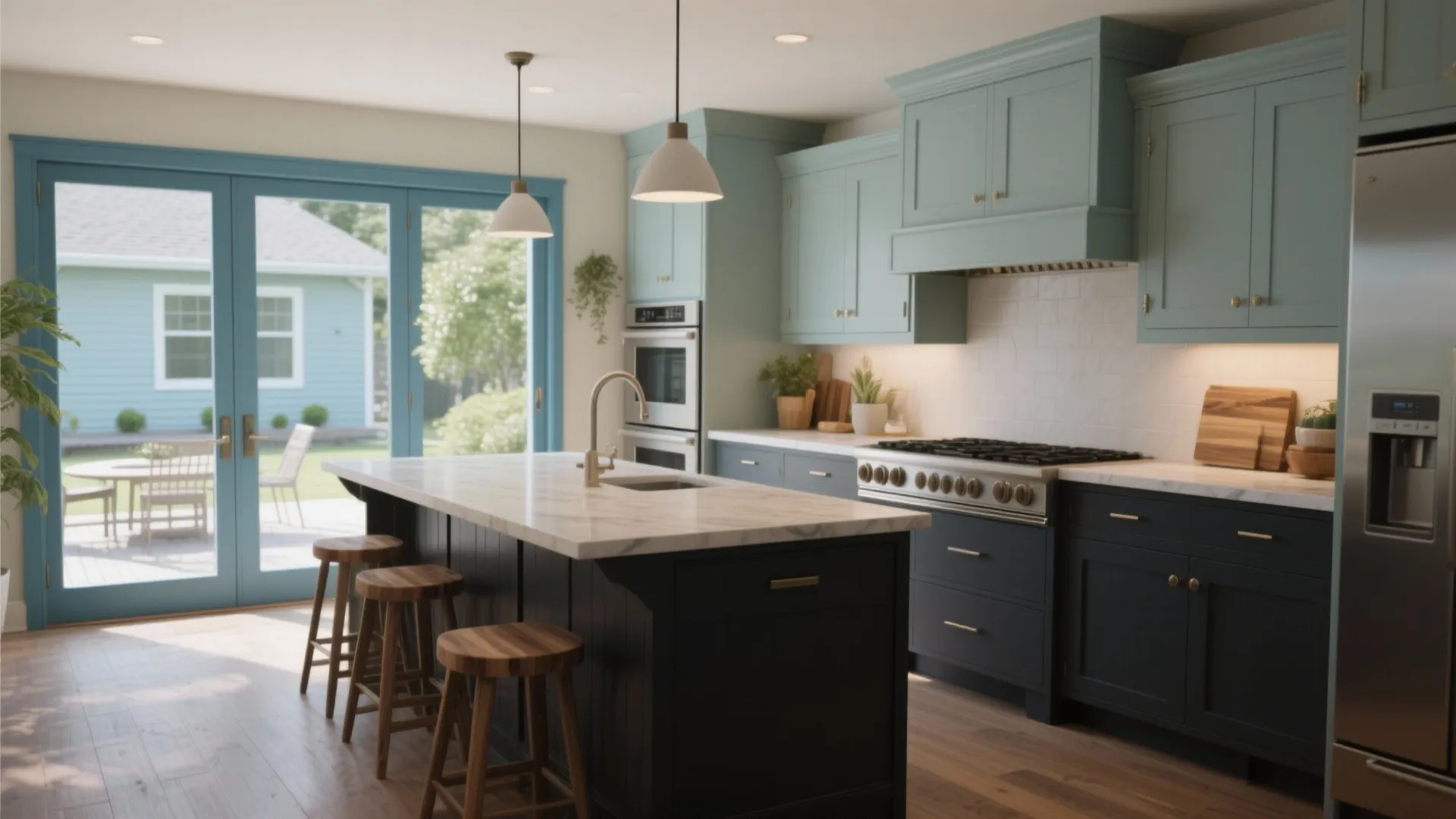 5. Two-Tone Kitchen with an Outdoor Transition