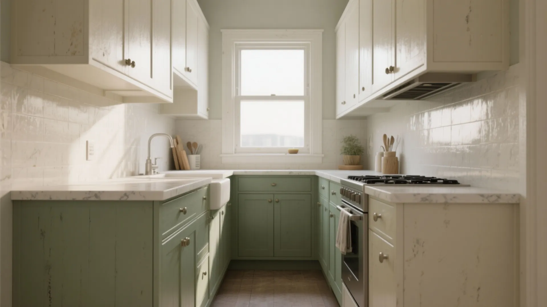 Small kitchen with sage green lower cabinets white upper cabinets marble countertops and a large window