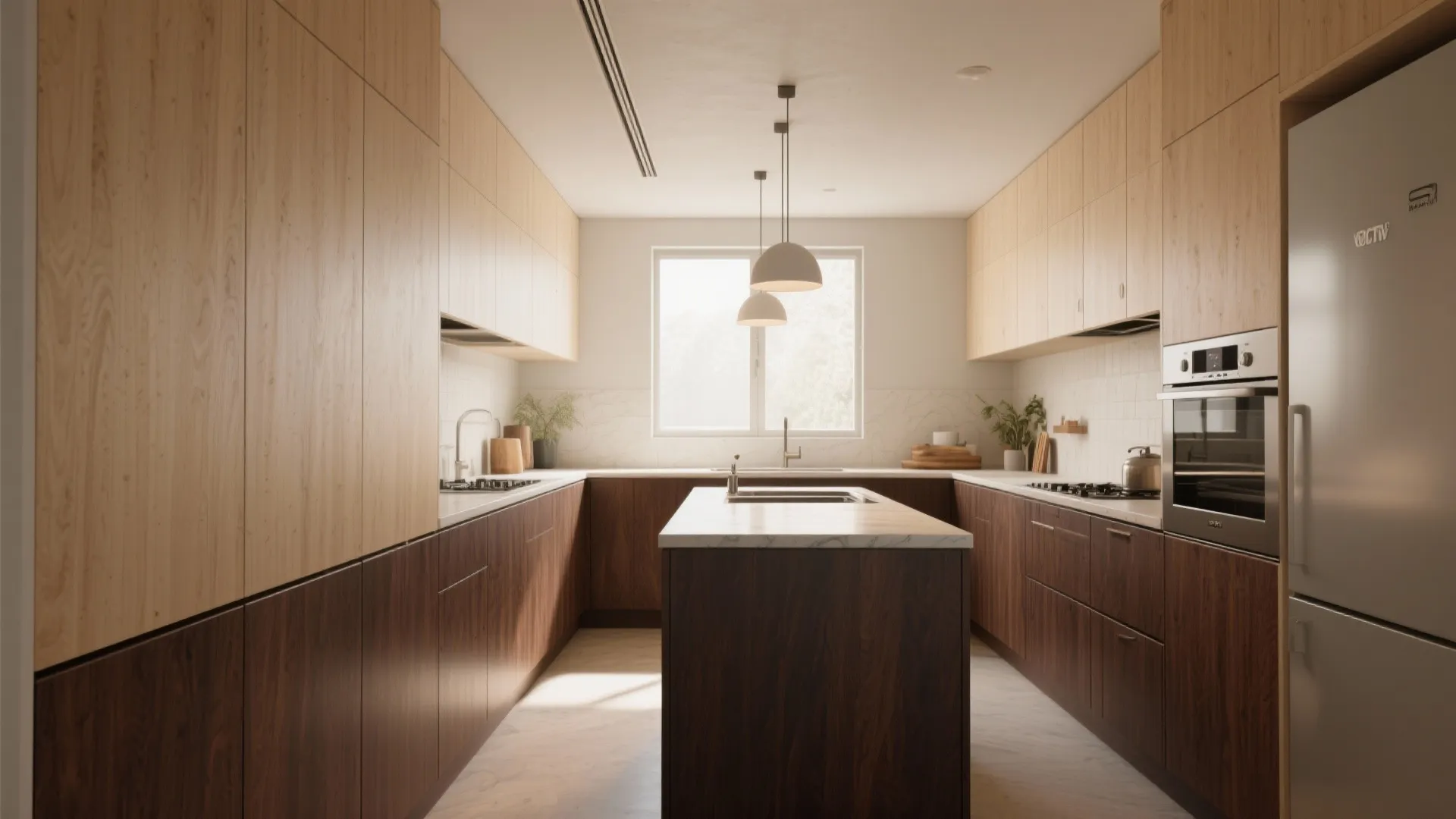 Modern kitchen featuring dark wood bottom cabinets light wood top cabinets center island and window