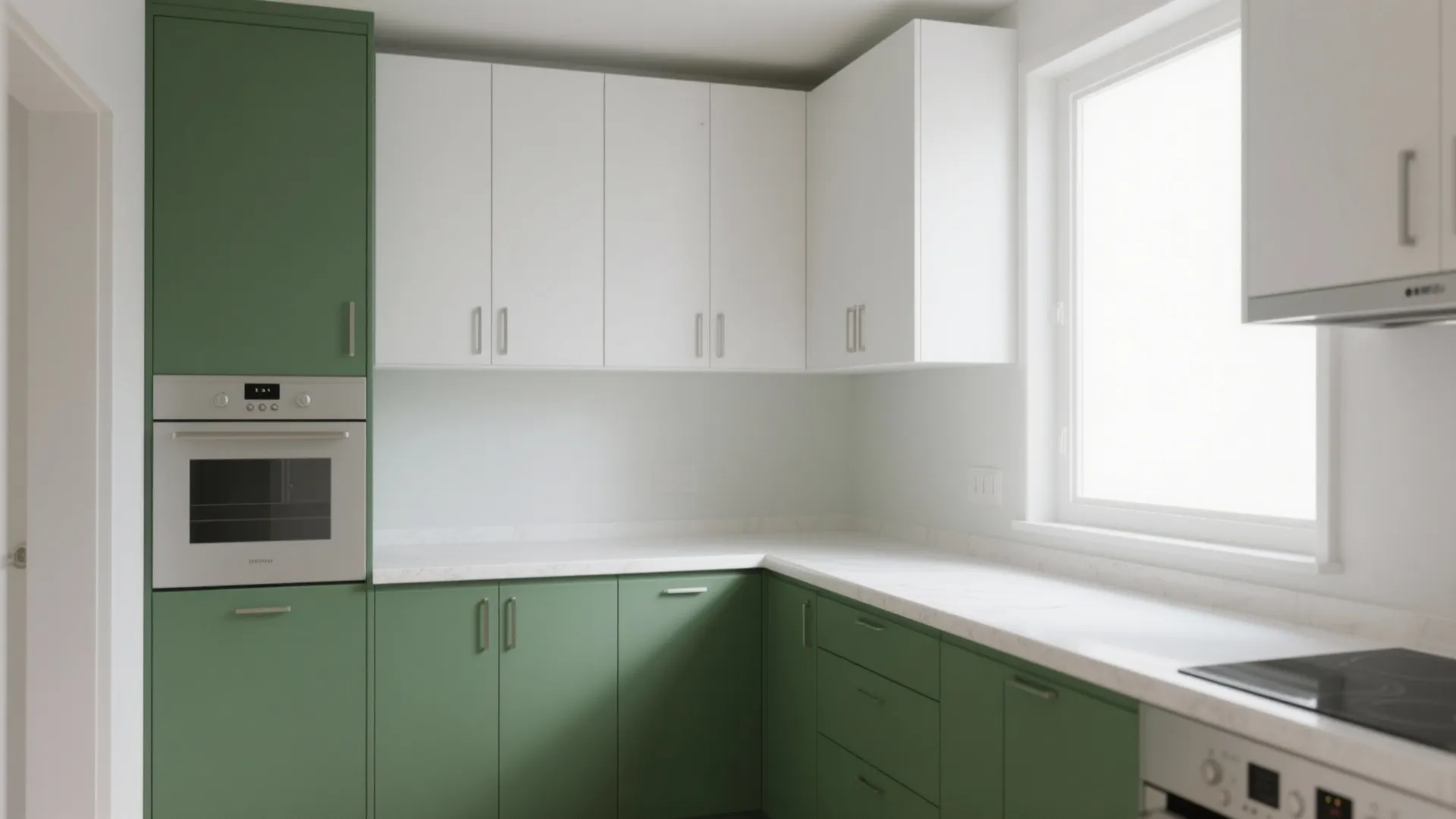 Modern kitchen with green lower cabinets white upper cabinets marble countertop and a built-in white oven