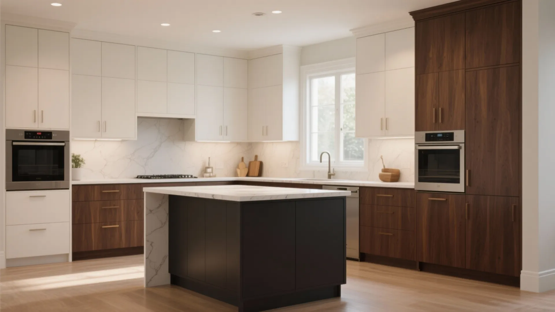 Modern two-tone kitchen with white upper cabinets dark wood lower cabinets and black kitchen island