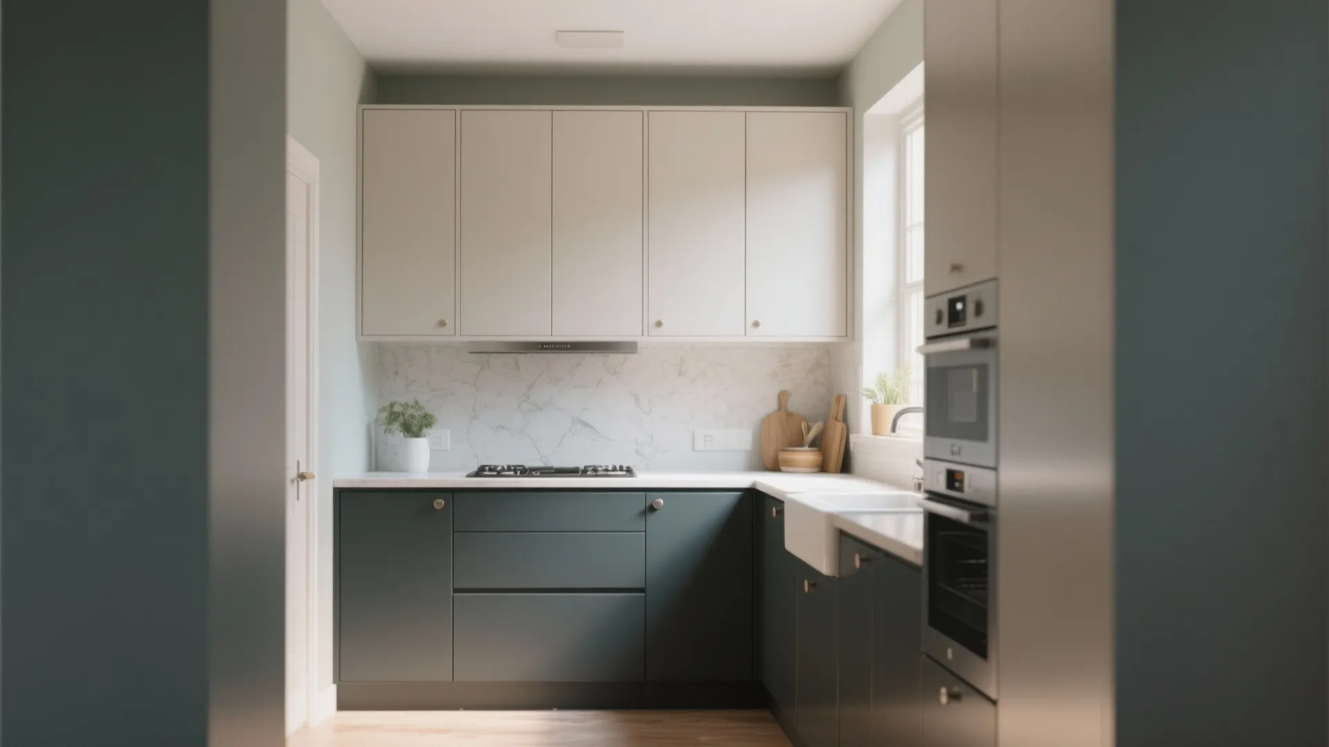 Modern two-tone kitchen with white upper cabinets dark green lower cabinets and white marble backsplash
