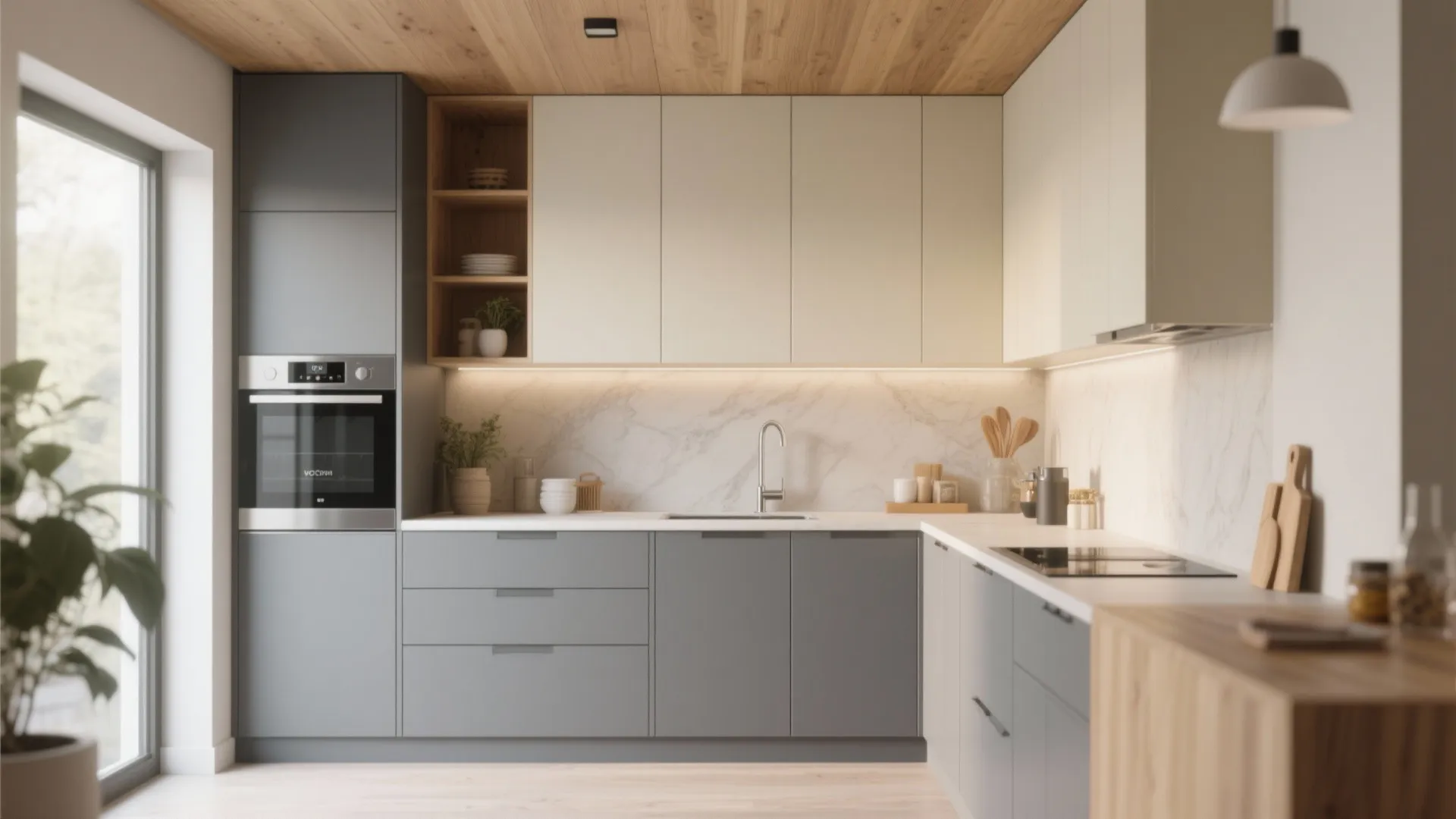 Modern two tone kitchen with grey lower cabinets white upper cabinets wooden ceiling and marble