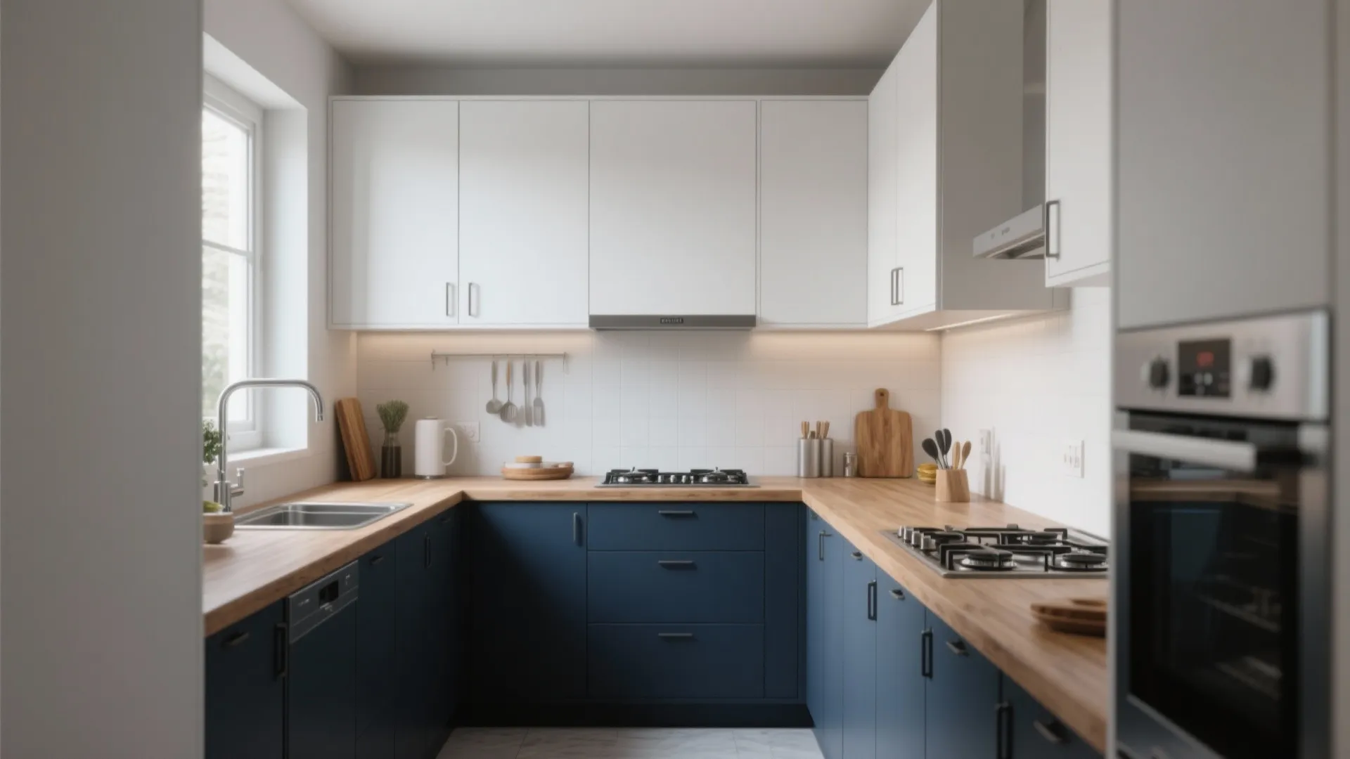 Modern kitchen with white upper cabinets blue lower cabinets wood countertops and a large window