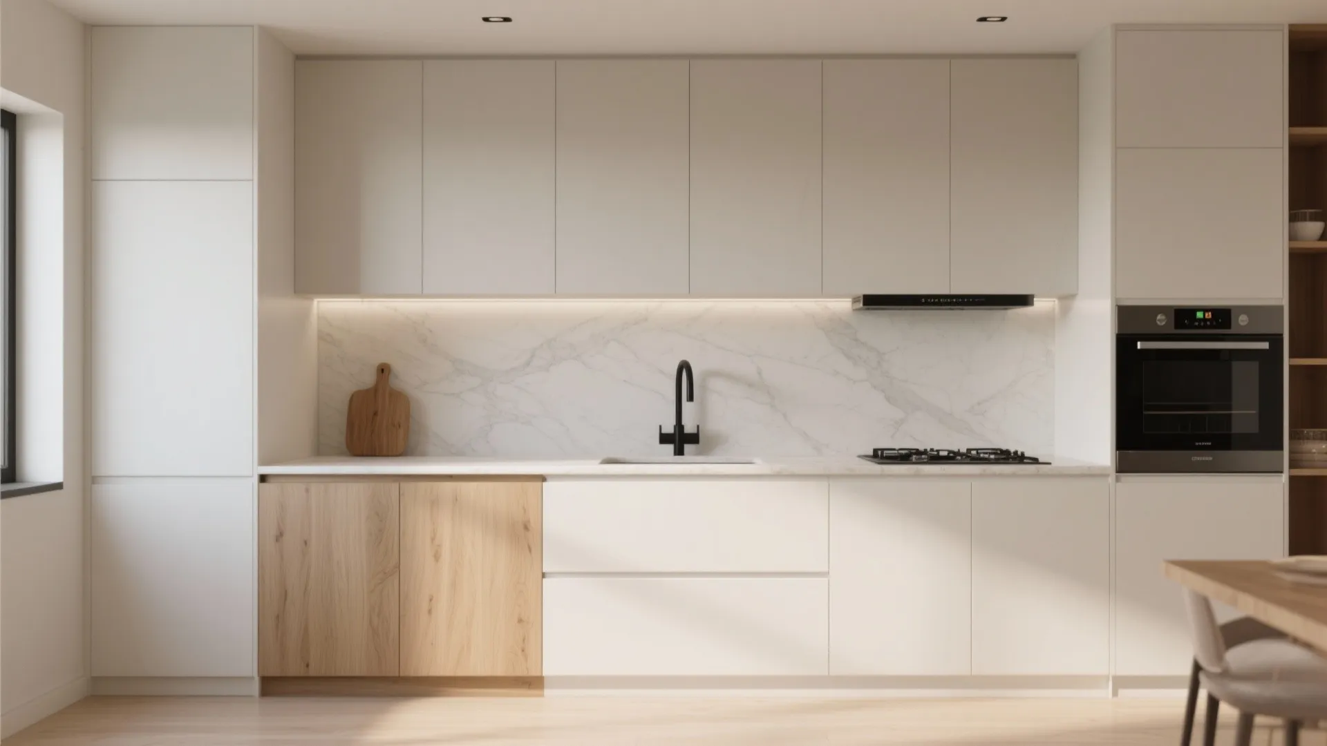 Modern white kitchen with marble wall, black faucet, wooden cabinets, built-in oven, and clean countertops