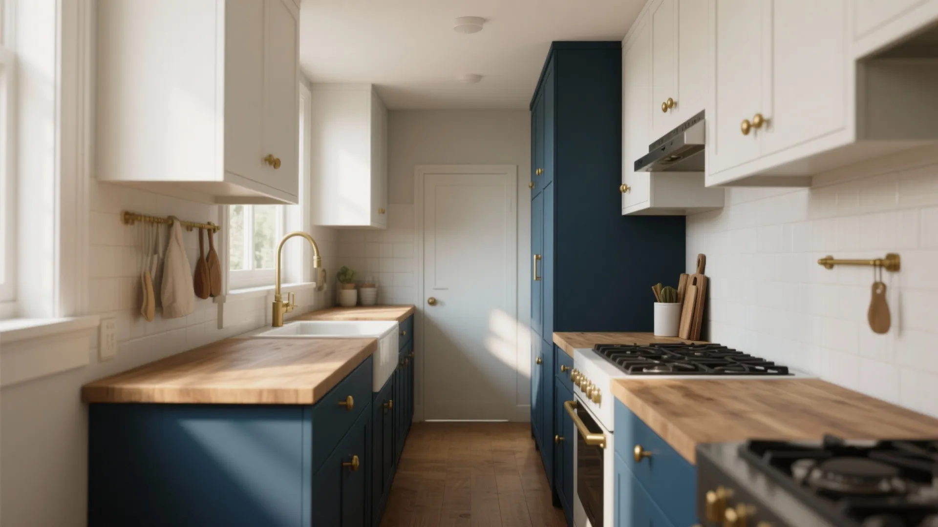 Modern kitchen with navy blue and white cabinets wood countertops gold faucet and gas stove