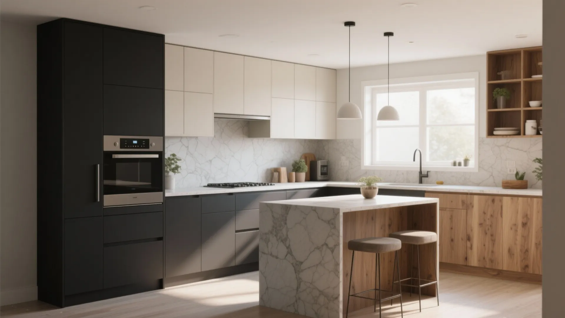 Small kitchen with dark lower cabinets and light upper cabinets creating two-tone contrast.