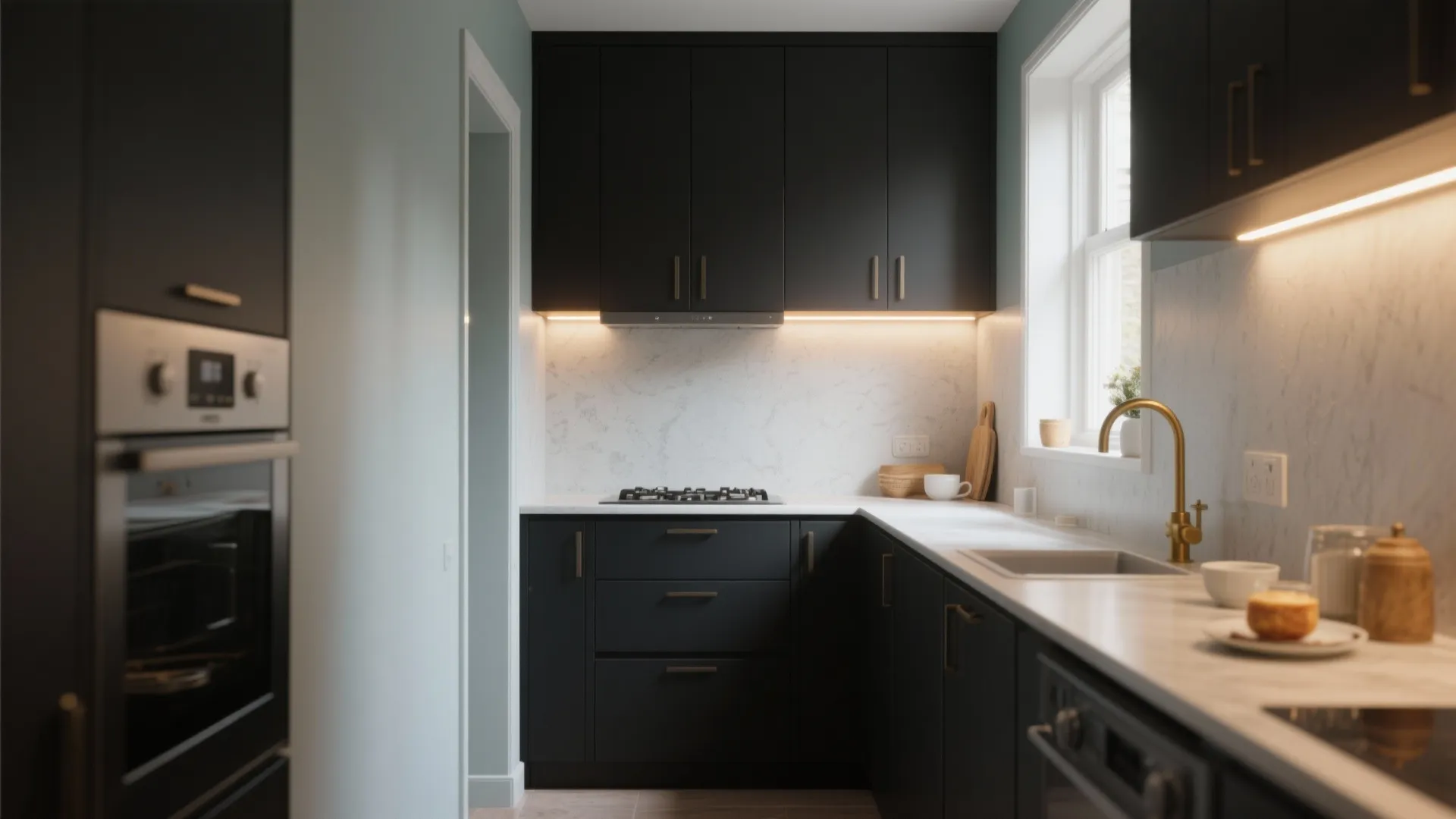 1. Two-tone drama: soft grey walls + matte black cabinets