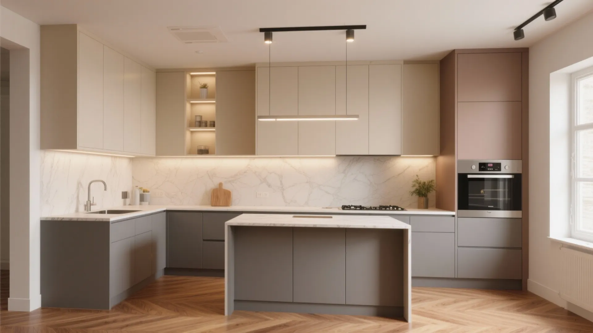 2. Two-tone cabinetry: beige uppers, grey lowers