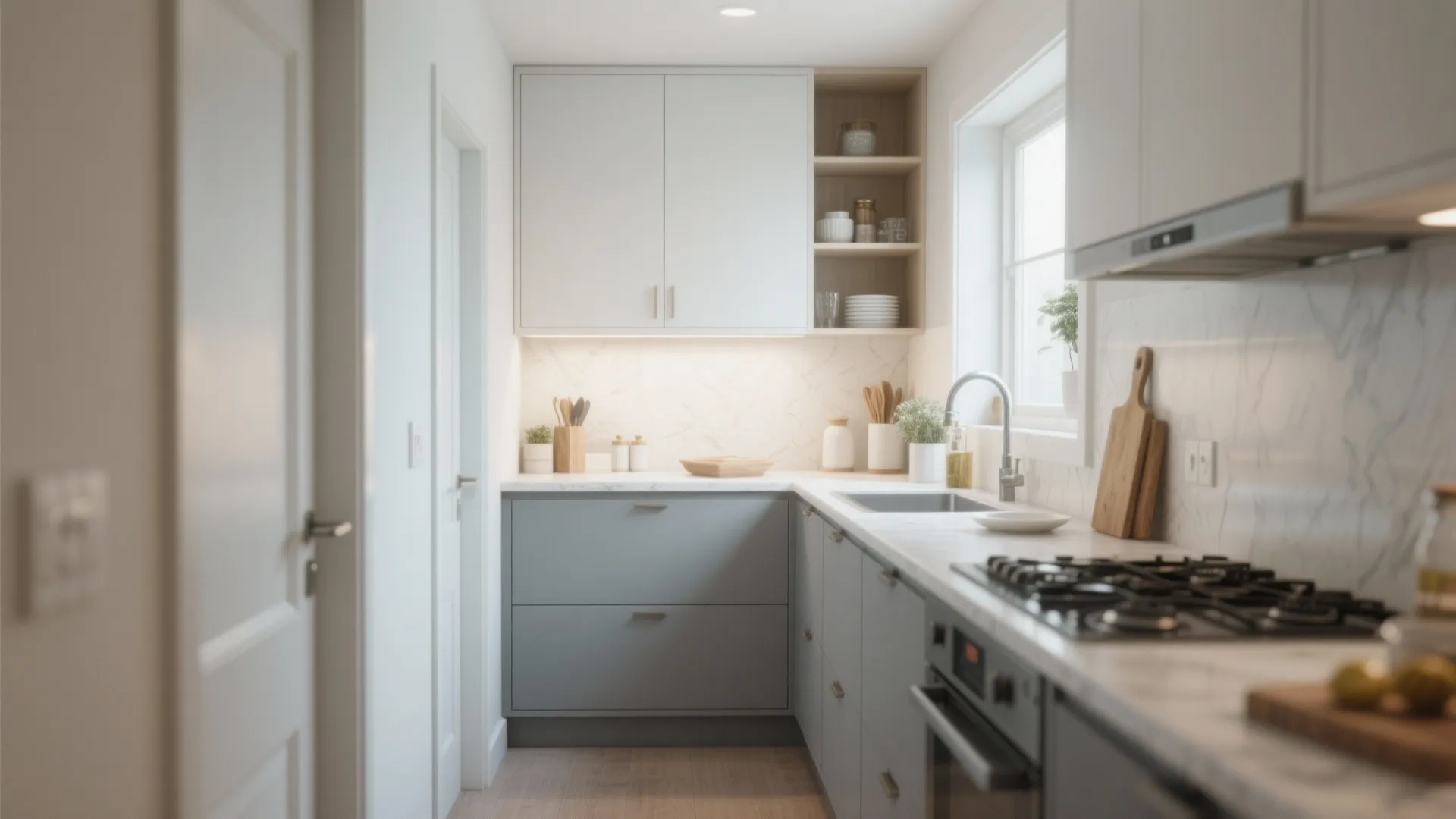 3. Two-tone cabinets to define zones in small kitchens