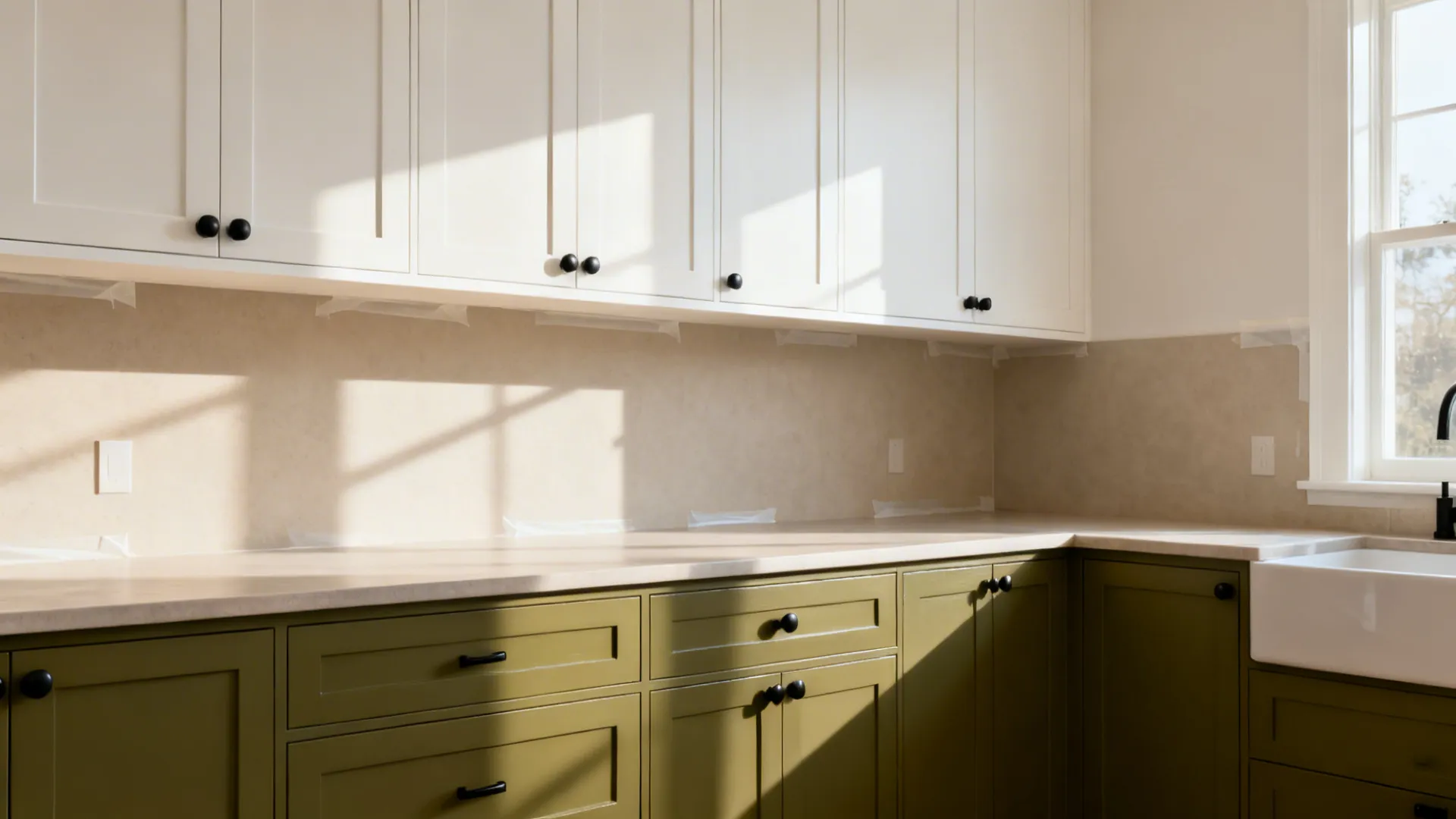 Two-tone small kitchen with warm white uppers and olive lower cabinets.