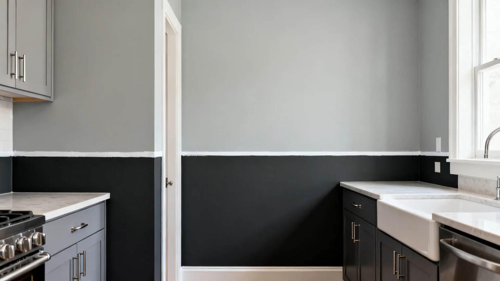 Kitchen with two tone walls featuring grey top black bottom white counters and dark cabinets