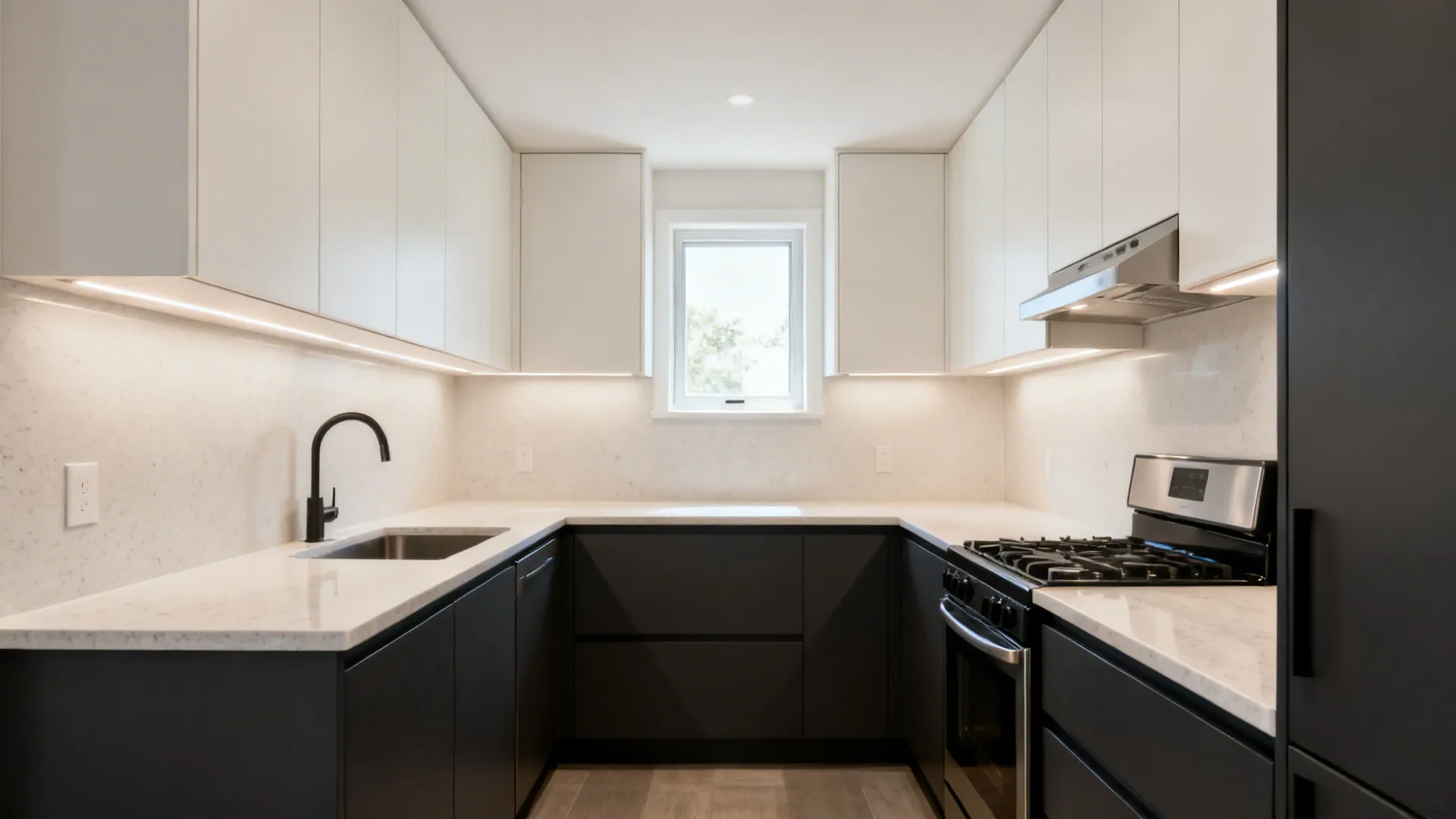 Two-tone refaced kitchen with charcoal base cabinets and off-white uppers in a small U-shaped layout.