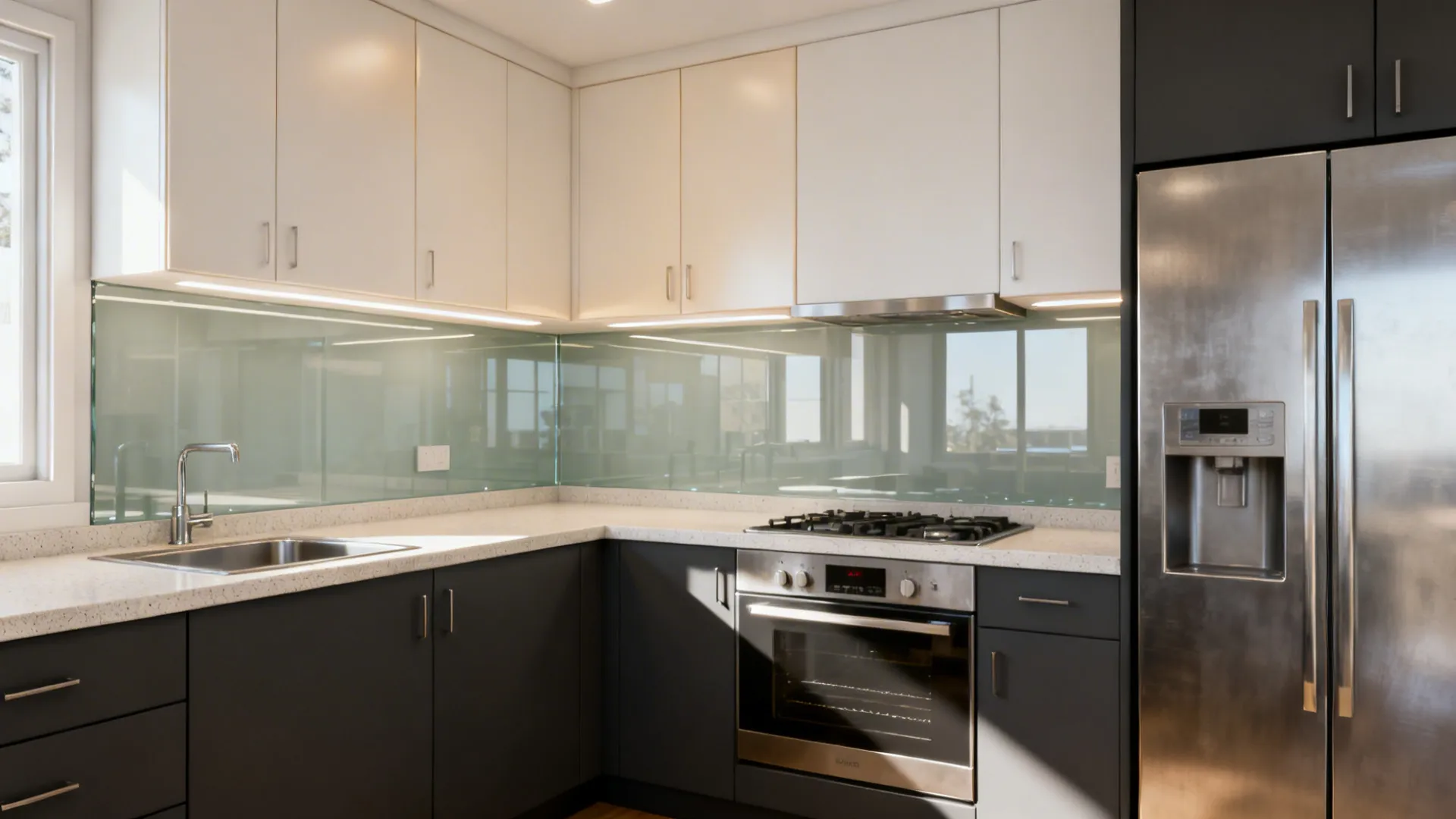 Small kitchen with graphite lower cabinets, warm white uppers, light quartz, and glass backsplash.