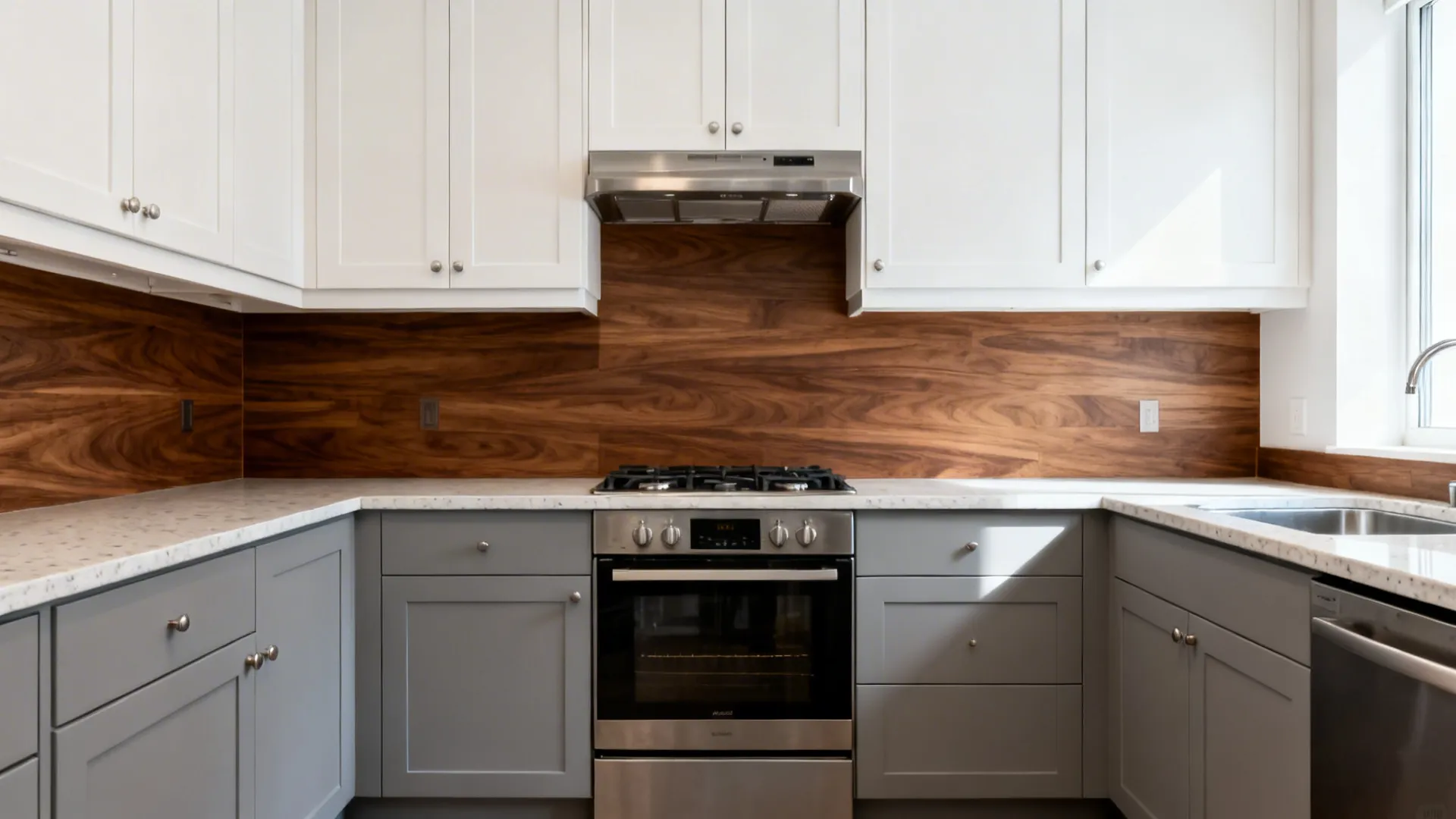 Two-tone kitchen with white uppers, gray slab bases, and a walnut feature zone.