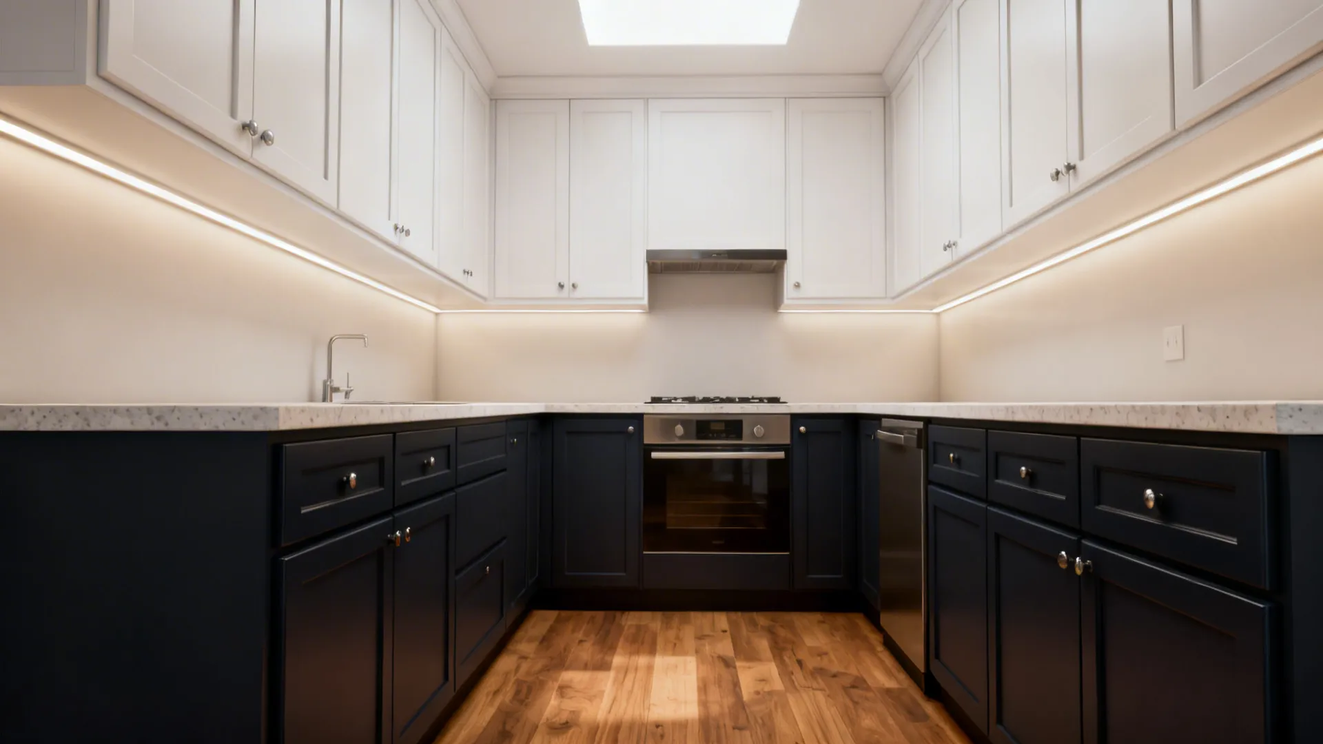 Two-tone small kitchen with dark lower cabinets and light uppers