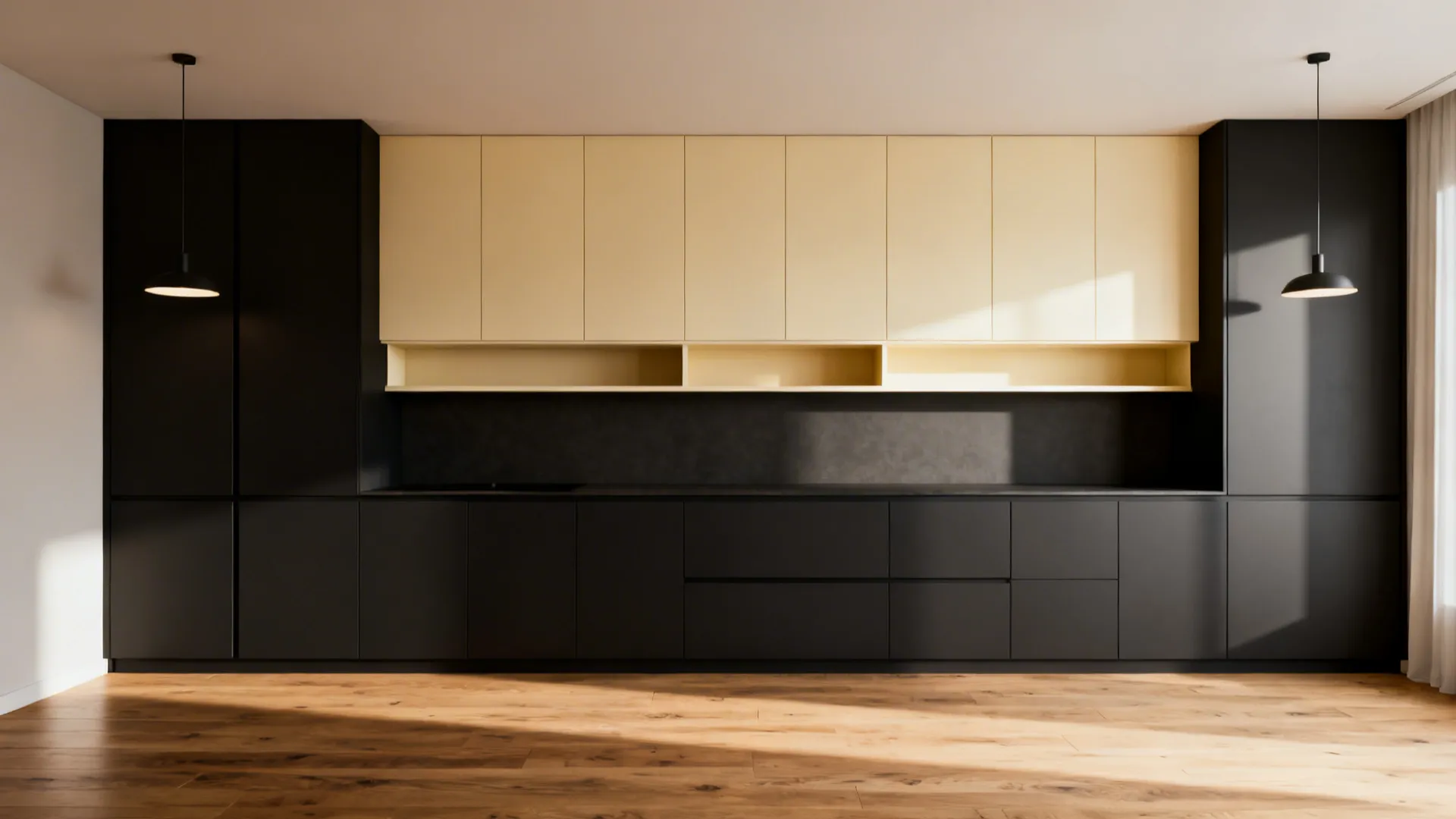 Compact kitchen with dark lower cabinets and light upper cabinets creating visual height and warmth.