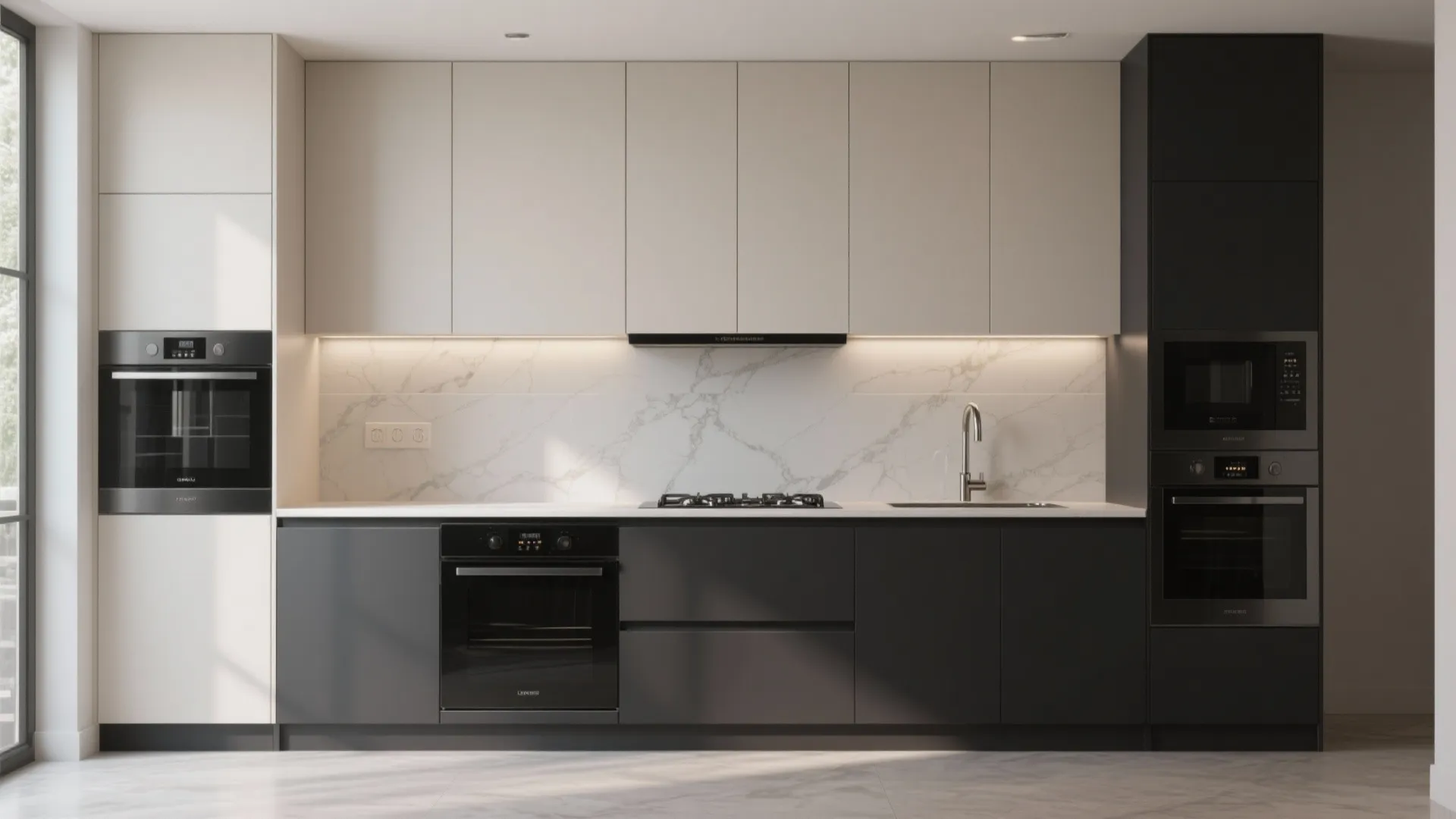 Modern kitchen with white upper cabinets black lower cabinets marble backsplash and built in kitchen appliances