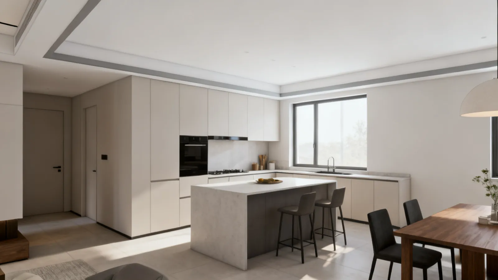 open kitchen with two tone ceiling boxing framing the cooking area