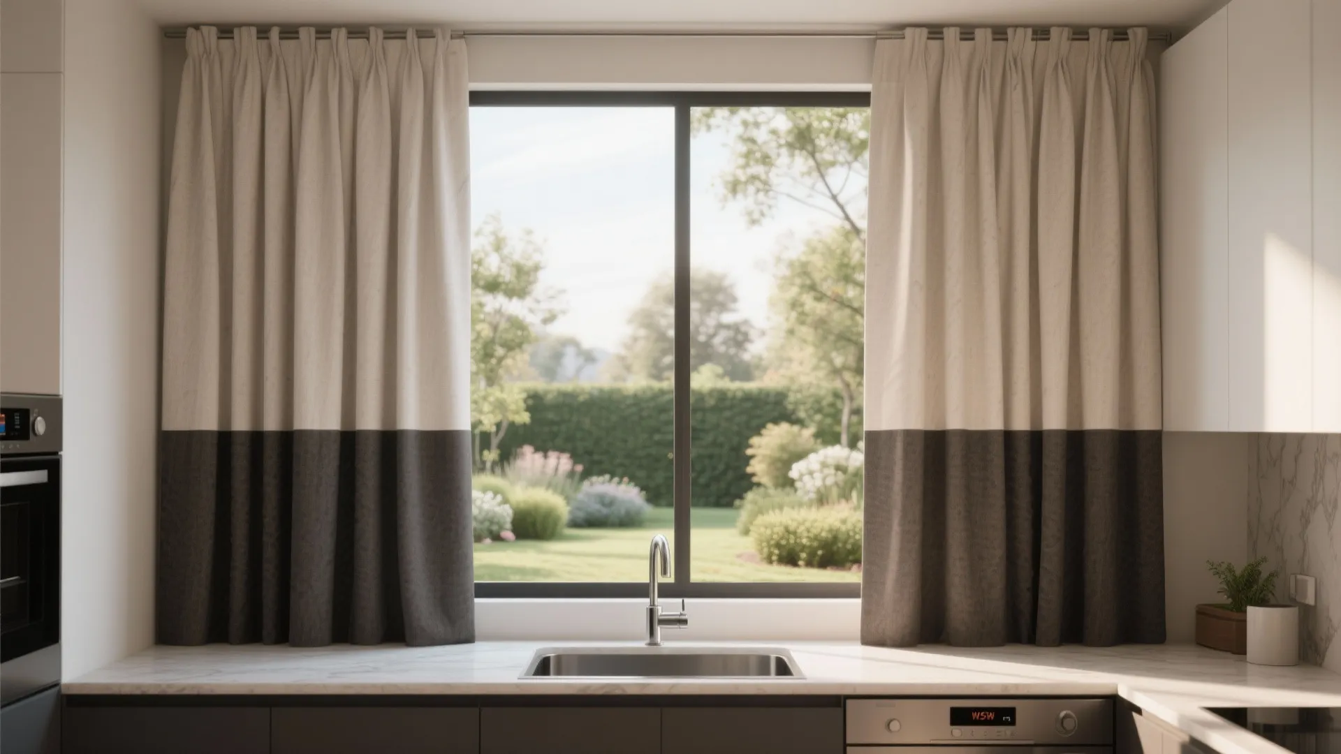 Modern kitchen with beige and grey curtains over window overlooking green garden with sink below