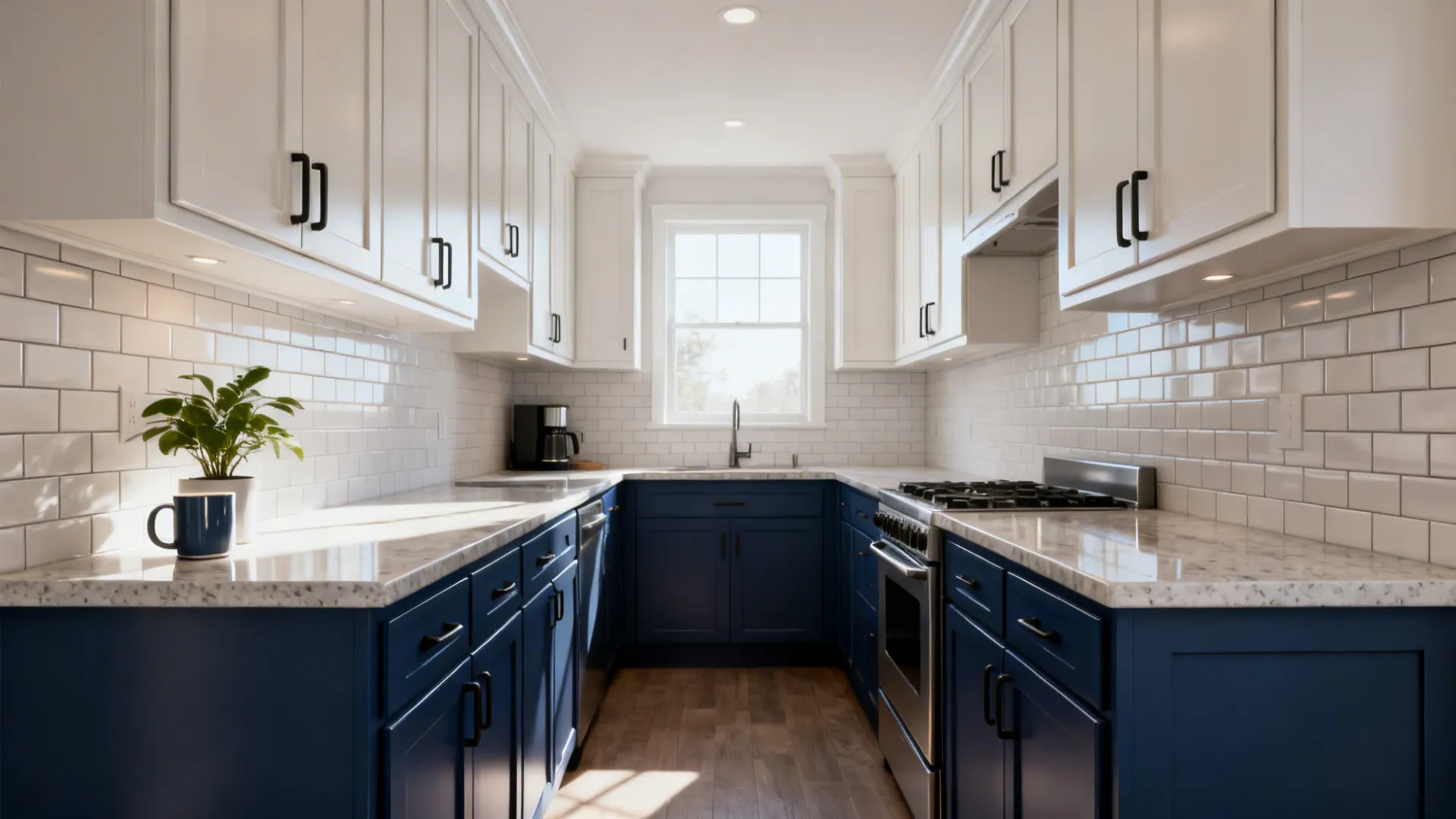 Modern kitchen with white upper cabinets blue lower cabinets marble countertops white tiles and natural light