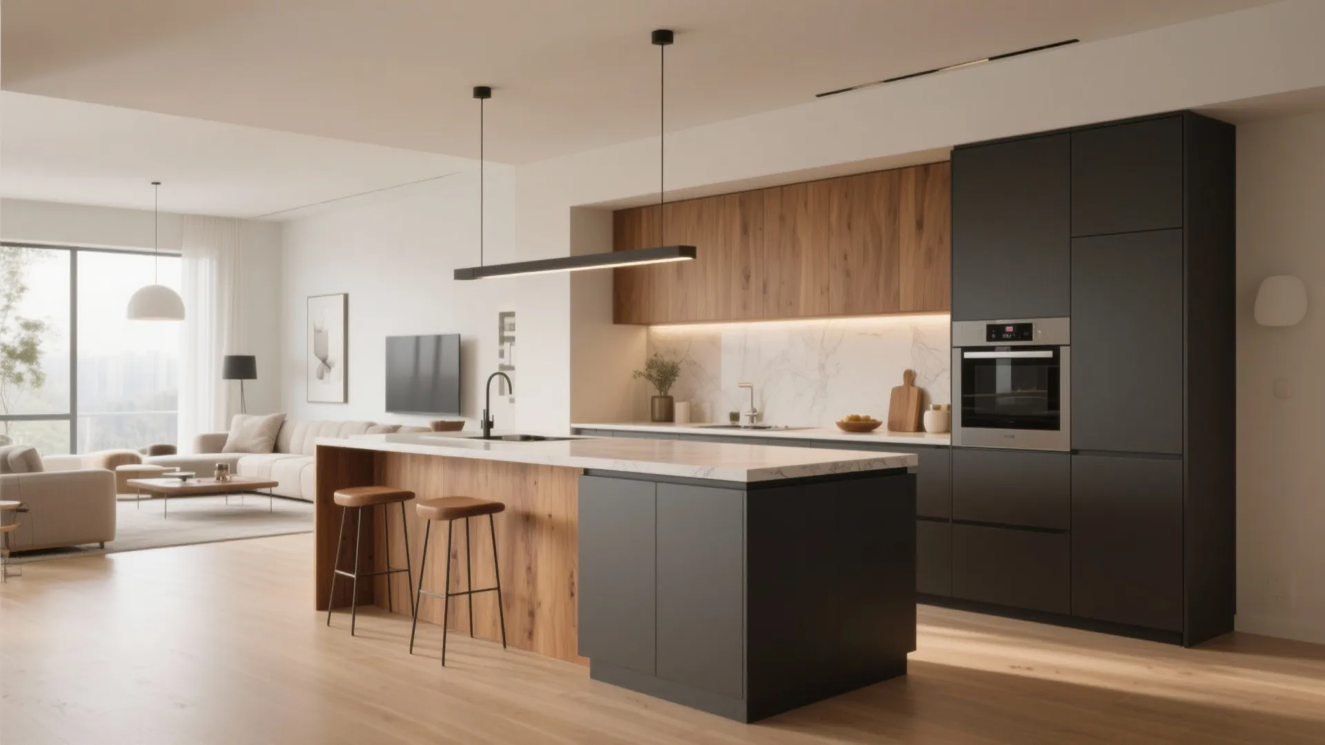 Modern kitchen with wood and dark grey cabinets plus a marble island and ceiling lights