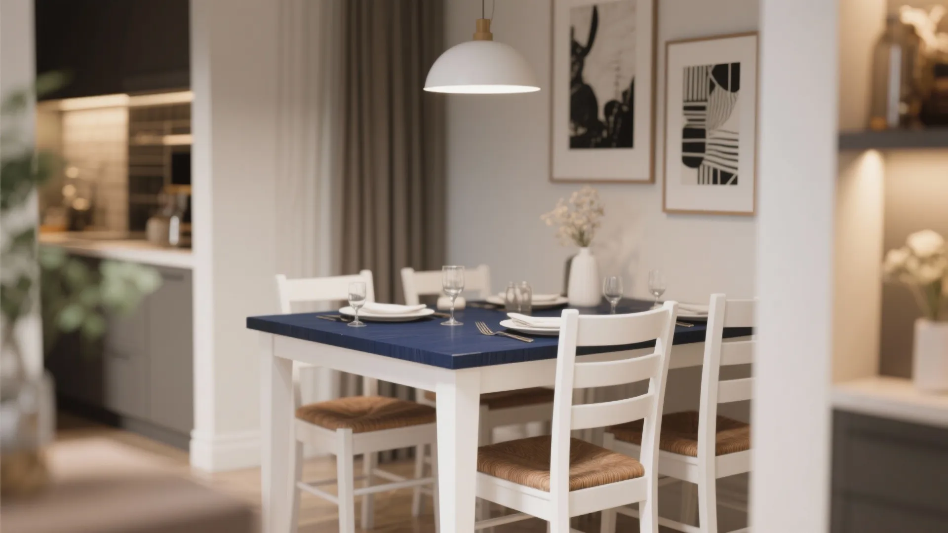 White dining table with blue top and chairs plus white ceiling light and framed pictures