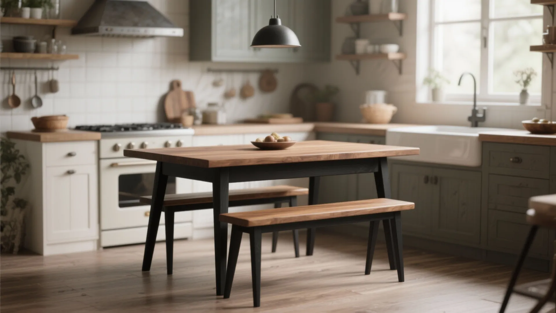 Modern kitchen with wood top dining table matching benches white stove and light green cabinets