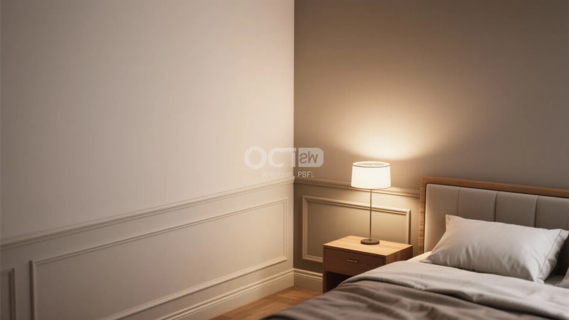 Modern bedroom corner with white wall panel brown upper wall table lamp and wooden bed