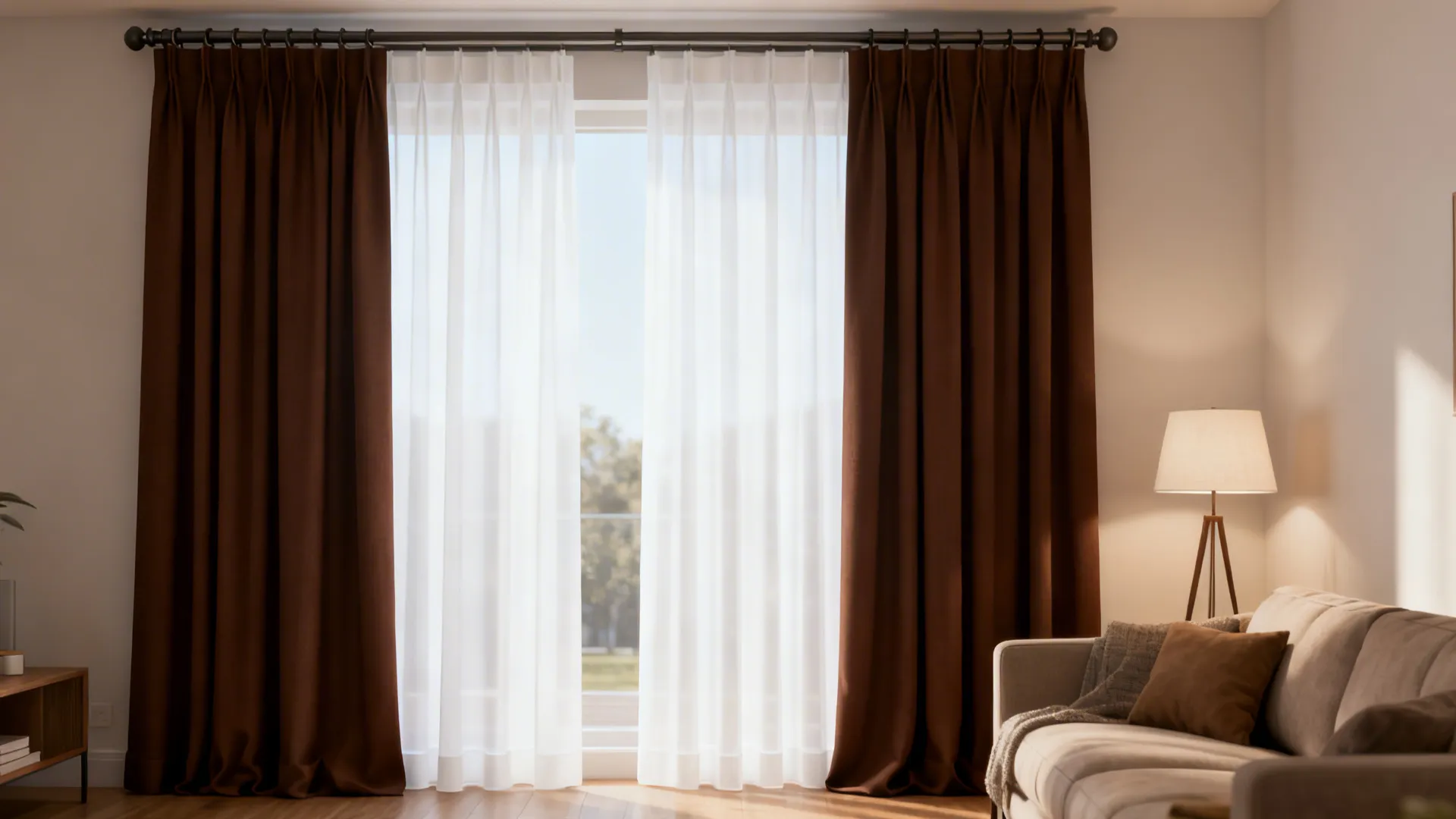 Living room with sheer white panel layered under deep brown blackout curtains on double rods.
