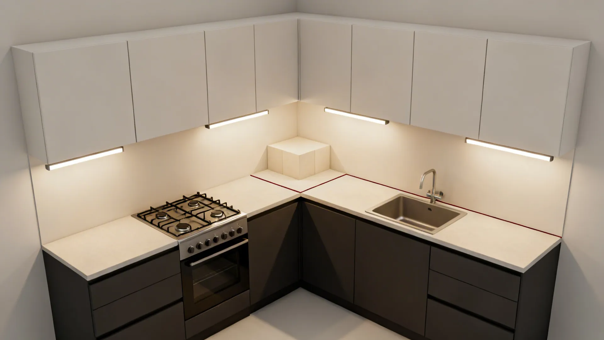 Top-down L-shaped kitchen plan showing dark bases and light uppers with corner transitions.