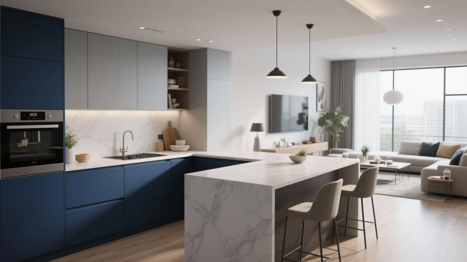 Modern kitchen with blue grey cabinets, marble island with bar stools, and living room background