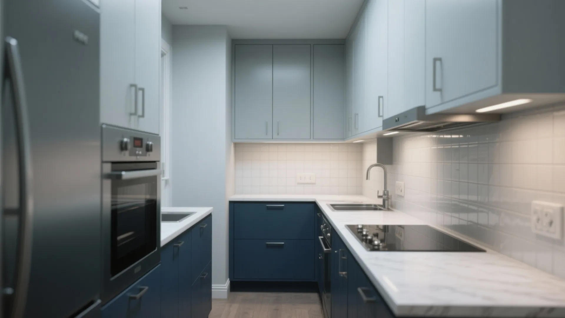 Small apartment kitchen with blue bottom cabinets light grey top cabinets white tiles and marble countertop